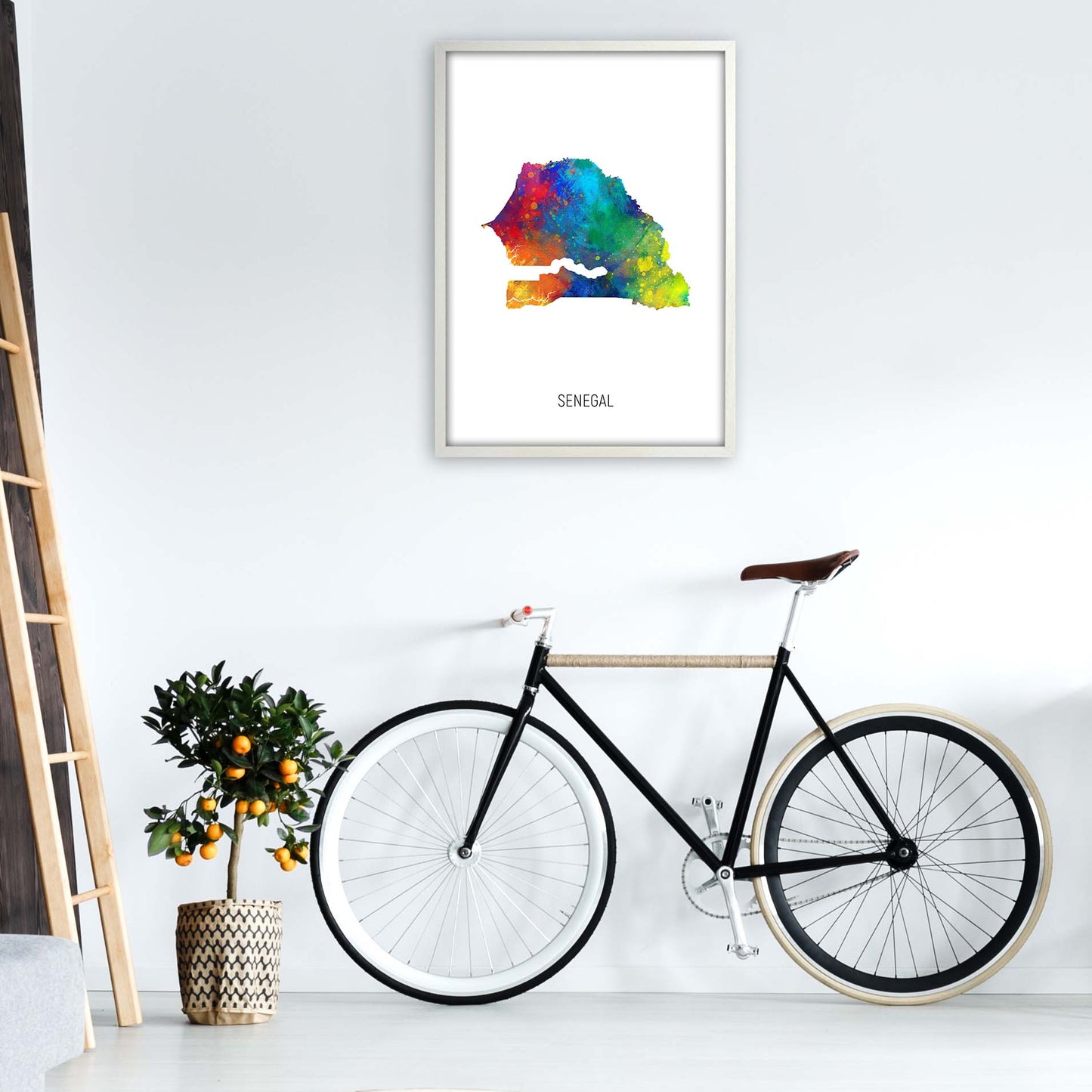 Senegal Watercolour Map Art Print by Michael Tompsett A1 Oak Frame