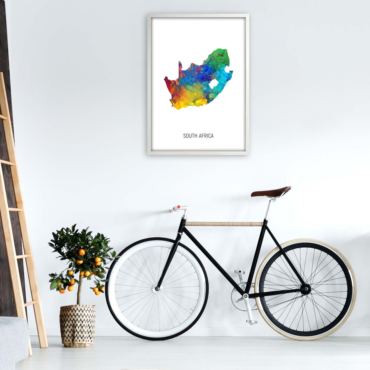 South Africa Watercolour Map Art Print by Michael Tompsett A1 Oak Frame