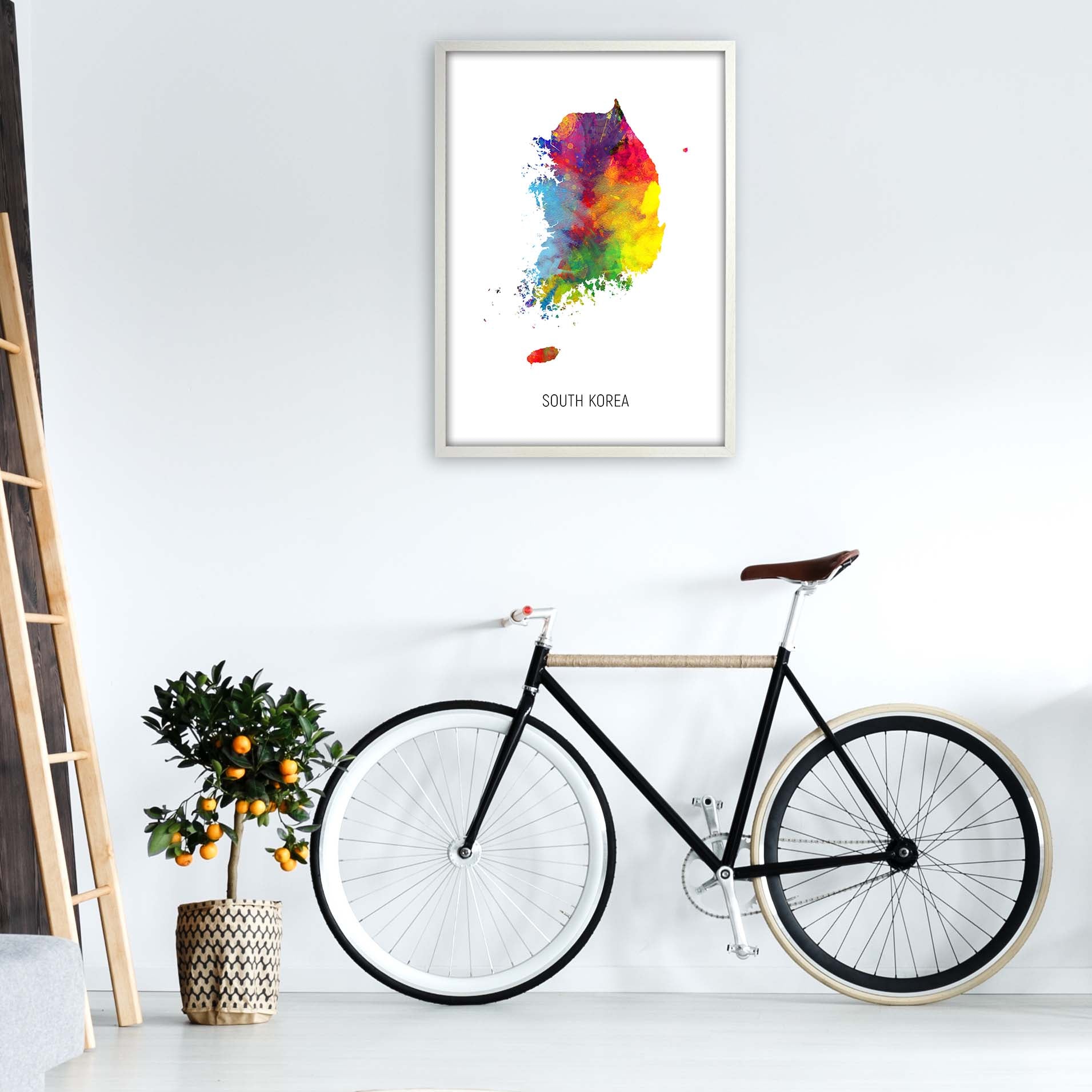 South Korea Watercolour Map Art Print by Michael Tompsett A1 Oak Frame