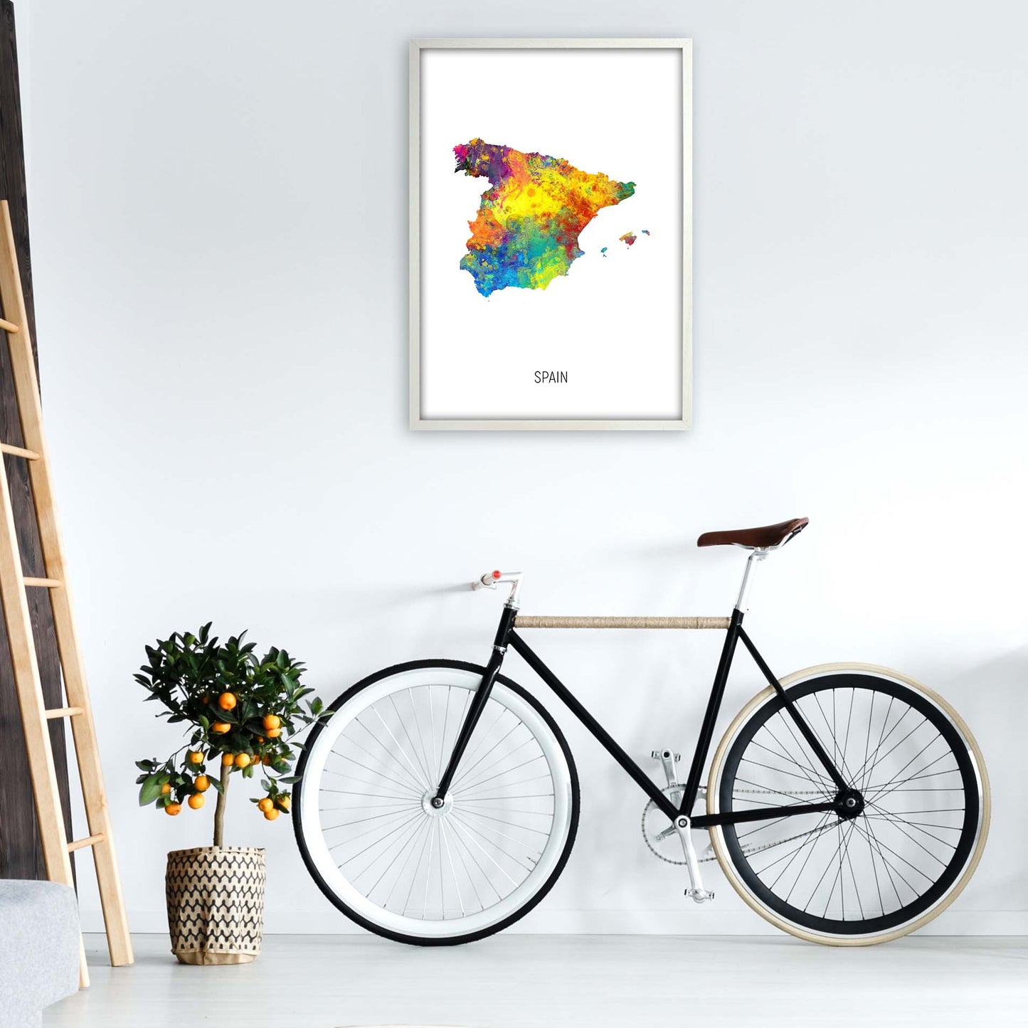 Spain Watercolour Map Art Print by Michael Tompsett A1 Oak Frame