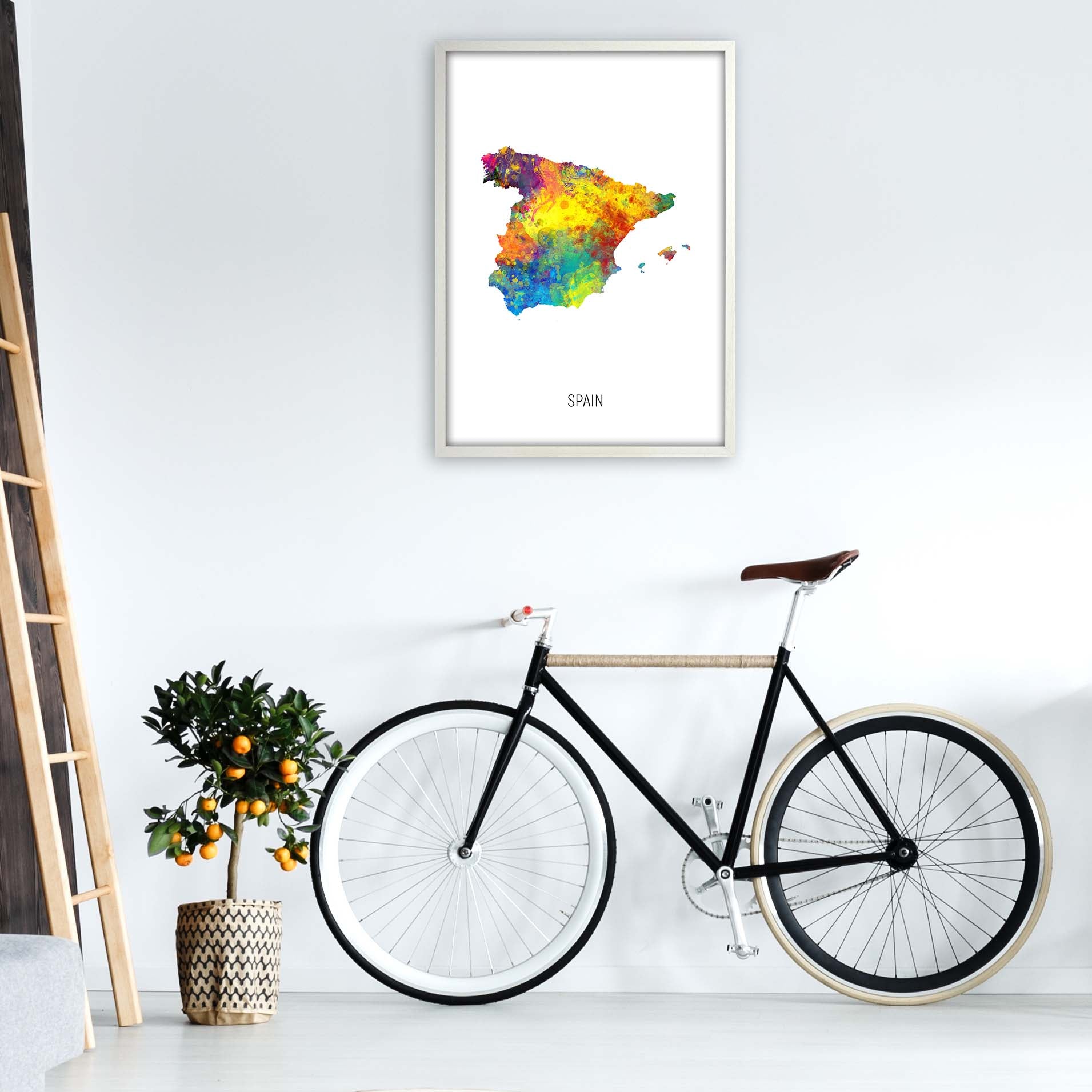 Spain Watercolour Map Art Print by Michael Tompsett A1 Oak Frame