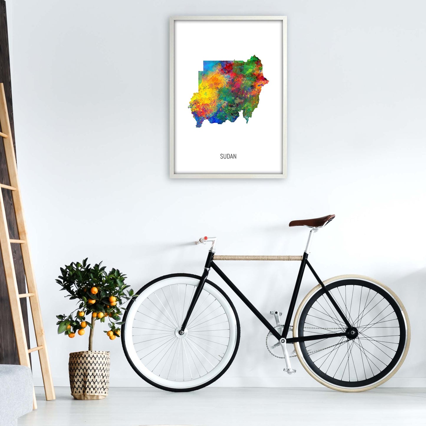 Sudan Watercolour Map Art Print by Michael Tompsett A1 Oak Frame