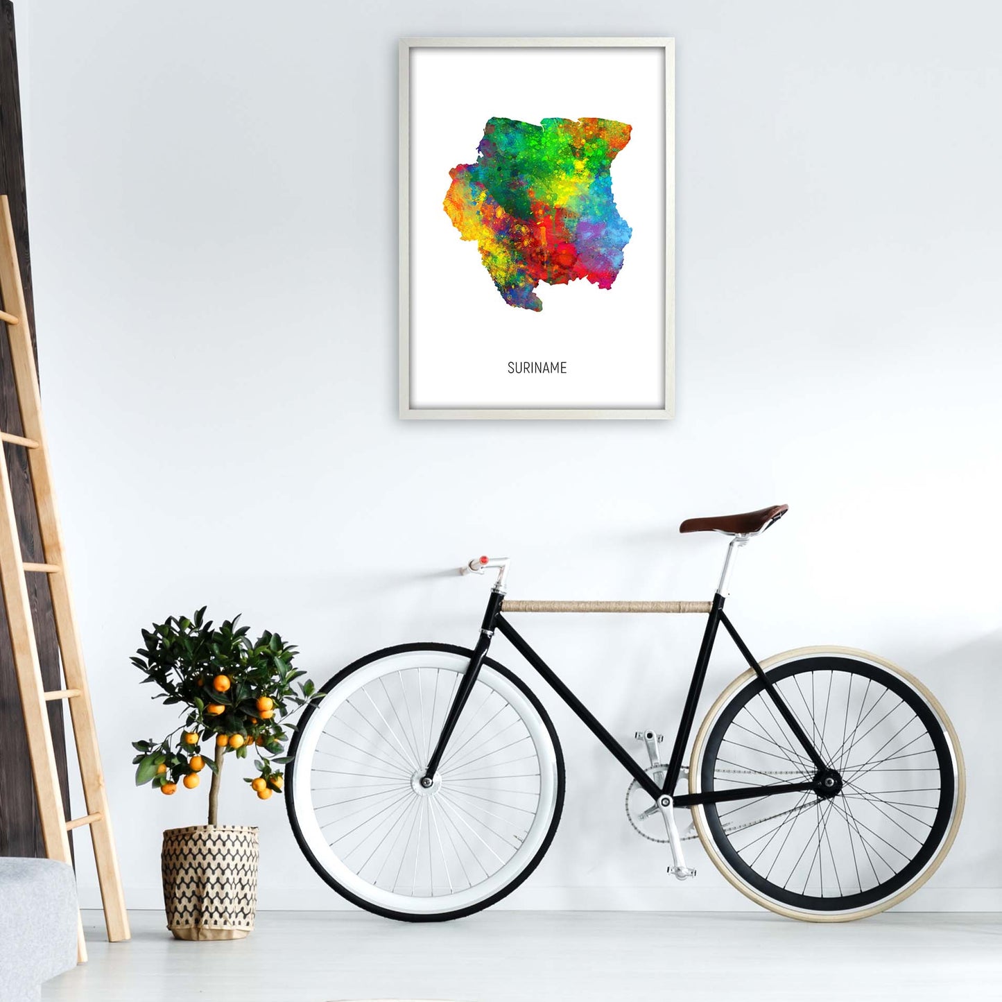 Suriname Watercolour Map Art Print by Michael Tompsett A1 Oak Frame