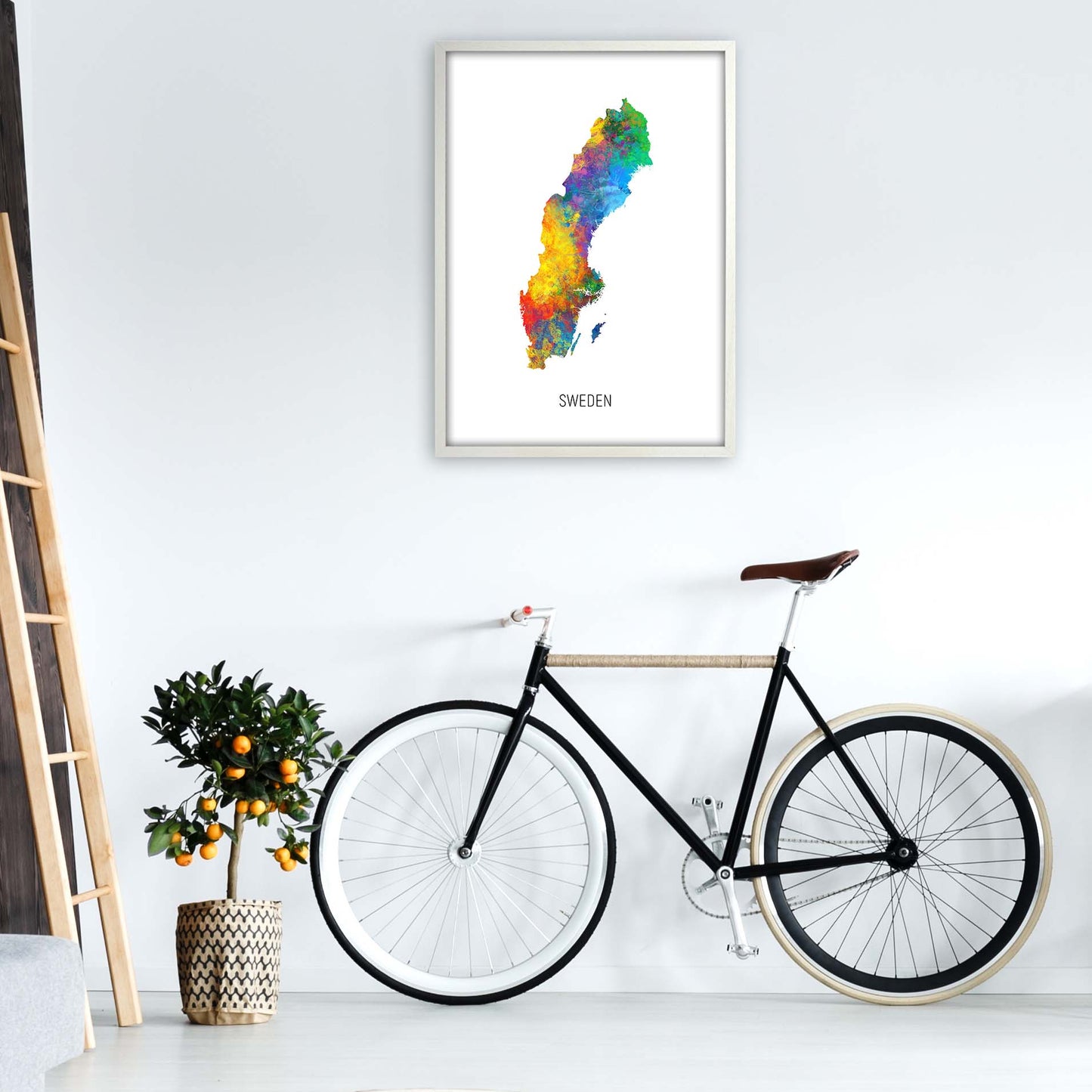 Sweden Watercolour Map Art Print by Michael Tompsett A1 Oak Frame