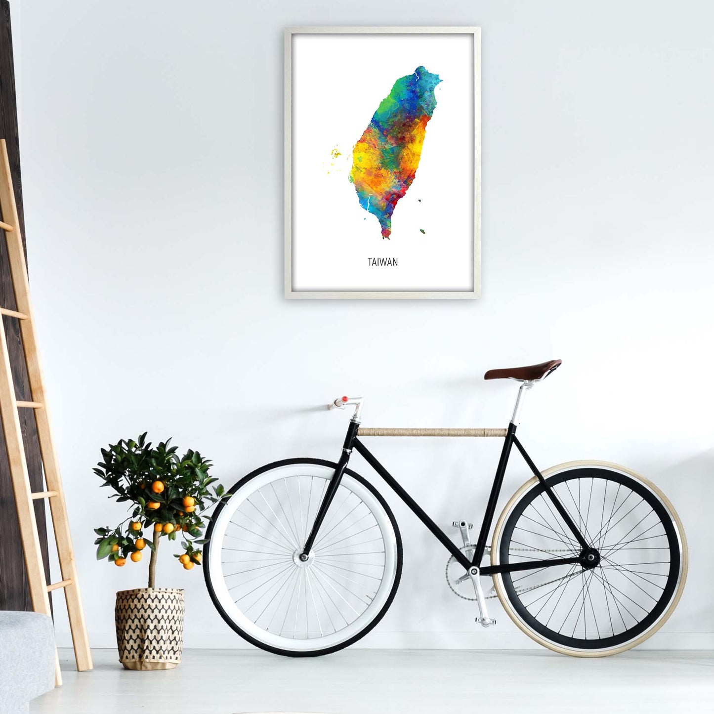 Taiwan Watercolour Map Art Print by Michael Tompsett A1 Oak Frame