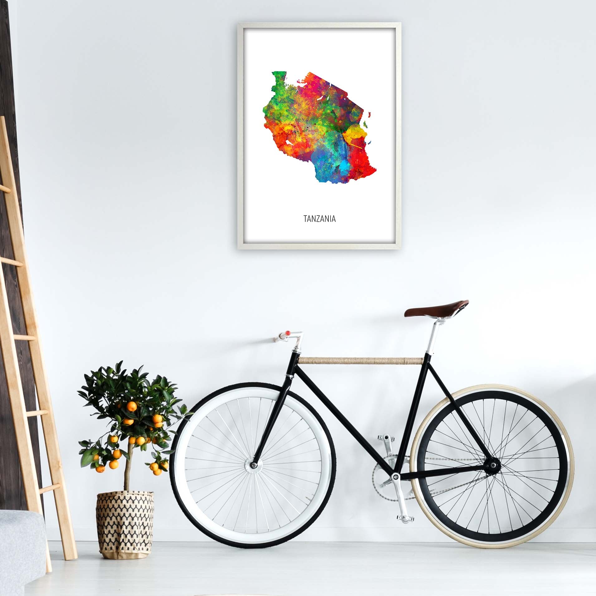 Tanzania Watercolour Map Art Print by Michael Tompsett A1 Oak Frame