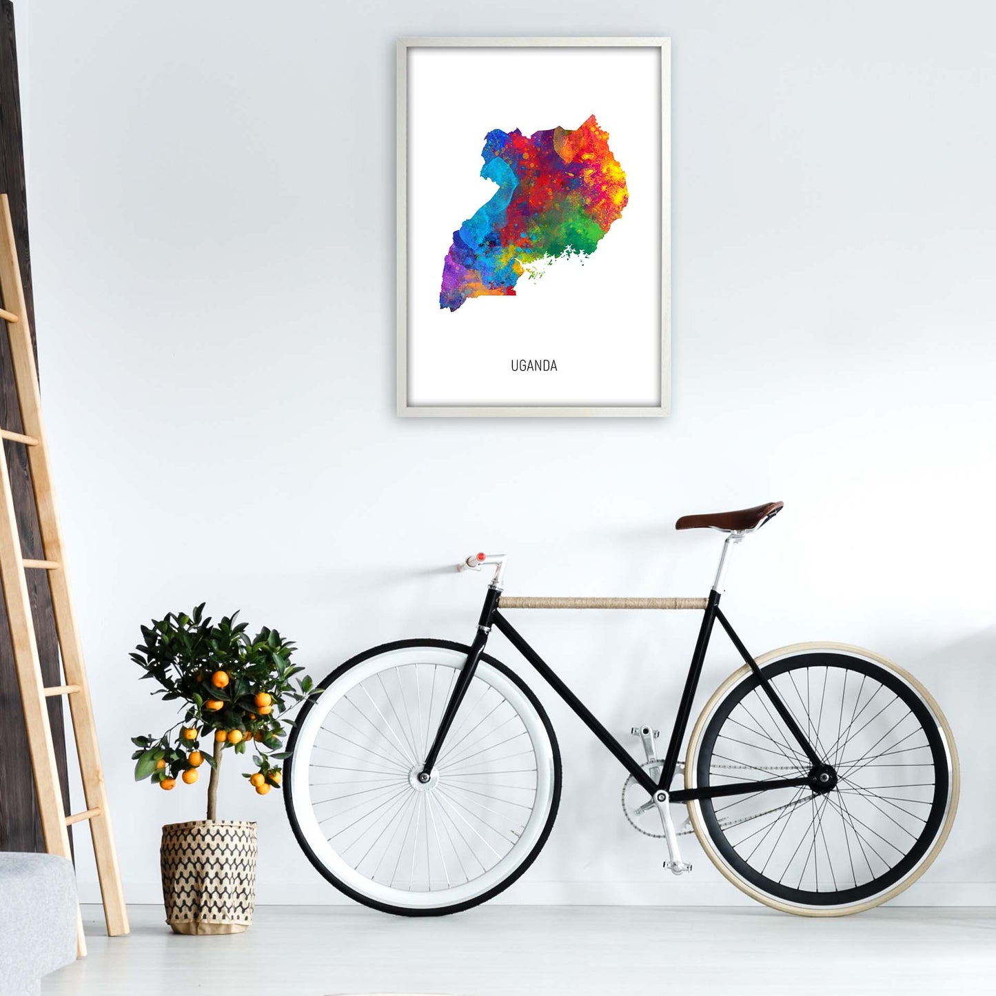 Uganda Watercolour Map Art Print by Michael Tompsett A1 Oak Frame