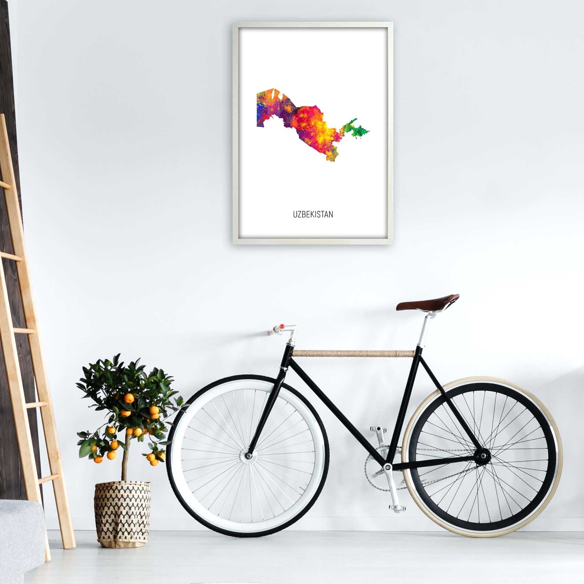 Uzbekistan Watercolour Map Art Print by Michael Tompsett A1 Oak Frame