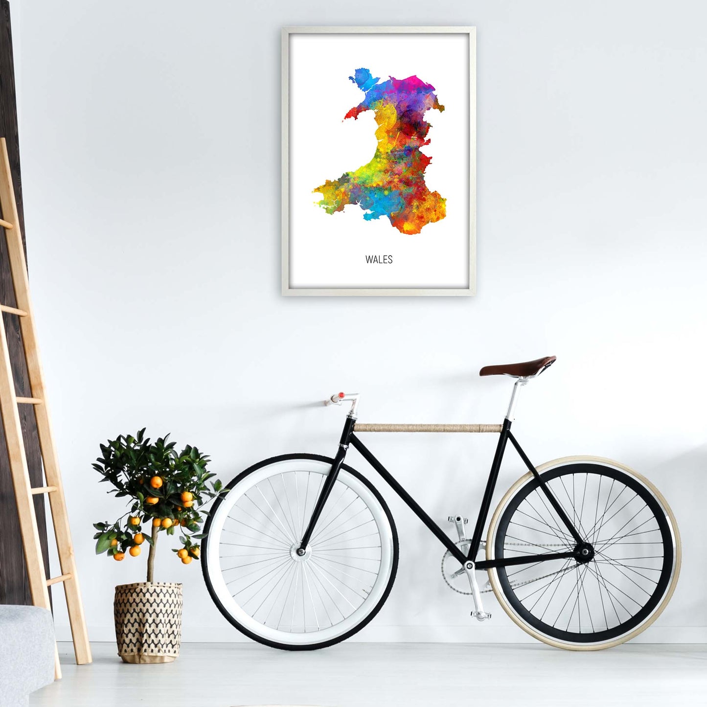 Wales Watercolour Map Art Print by Michael Tompsett A1 Oak Frame