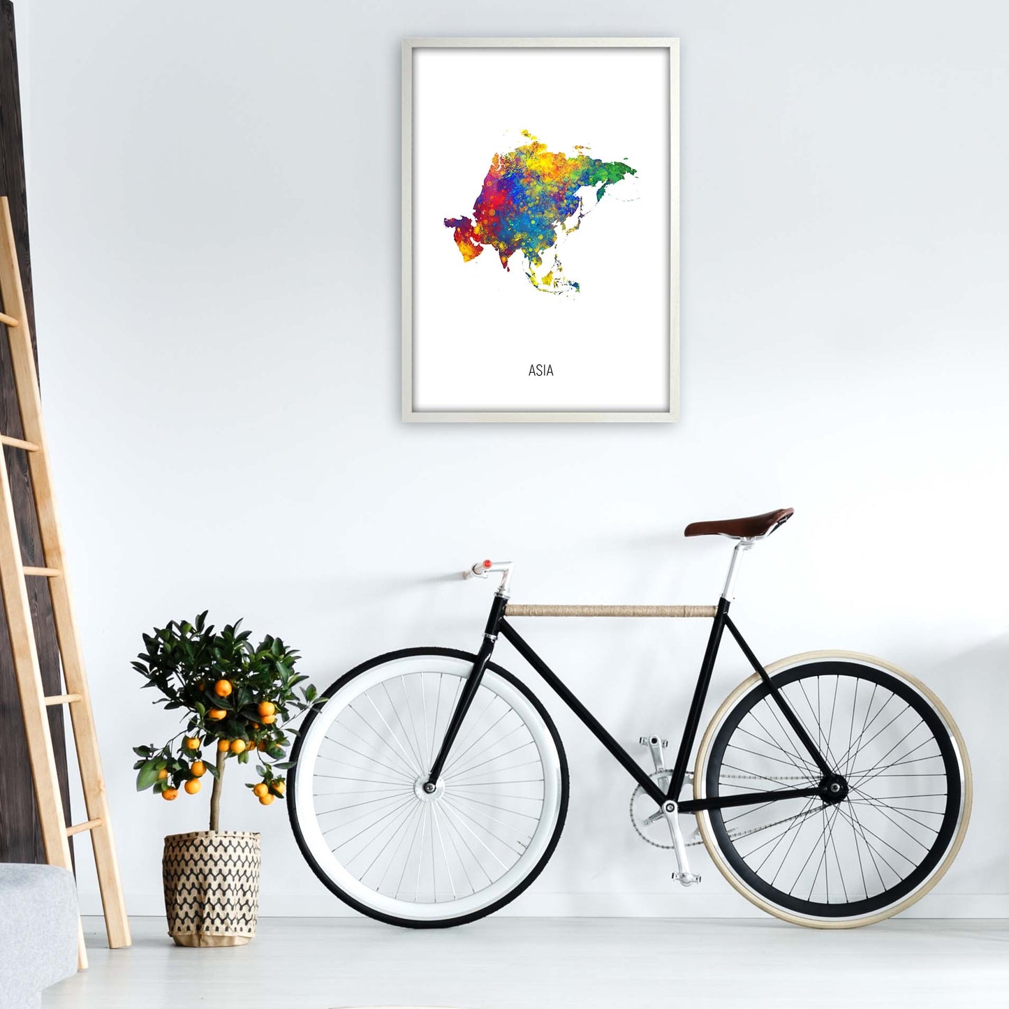 Asia Watercolour Map Art Print by Michael Tompsett A1 Oak Frame