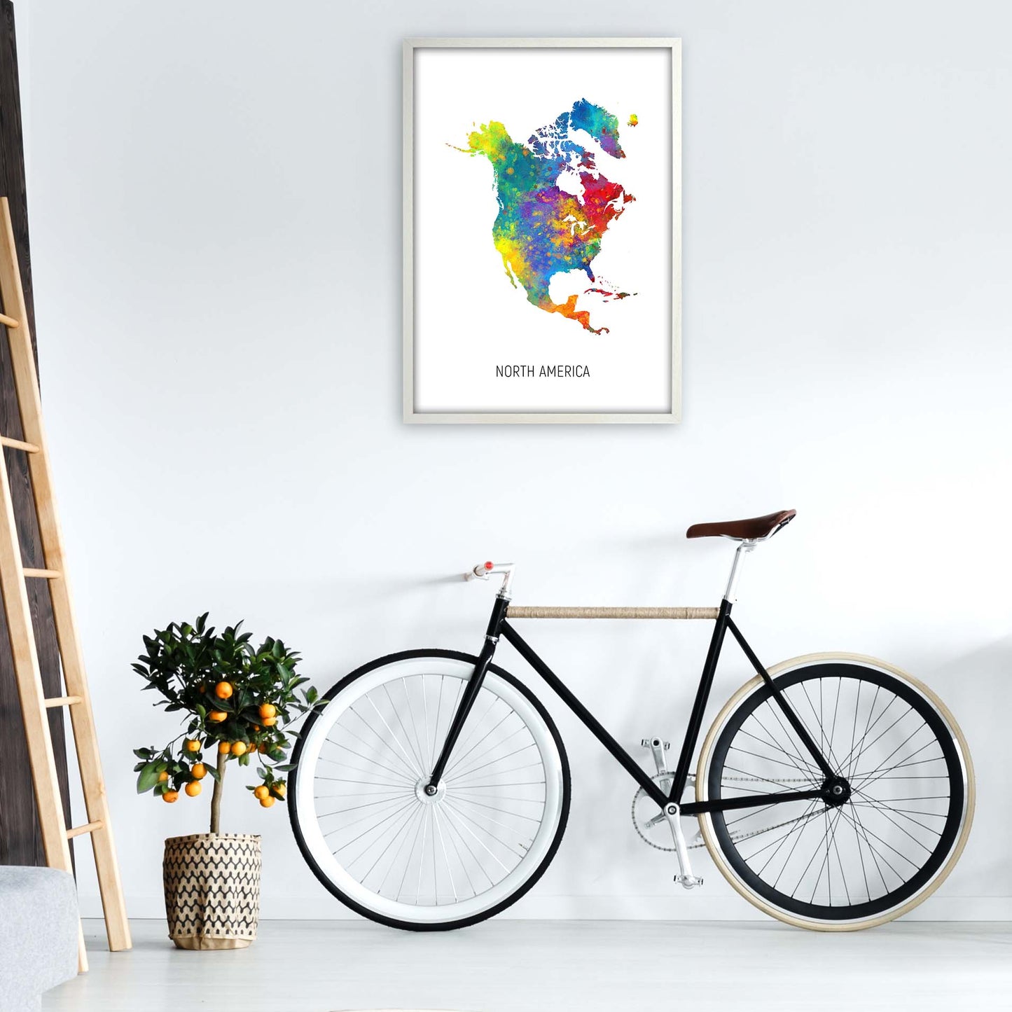 North America Watercolour Map Art Print by Michael Tompsett A1 Oak Frame