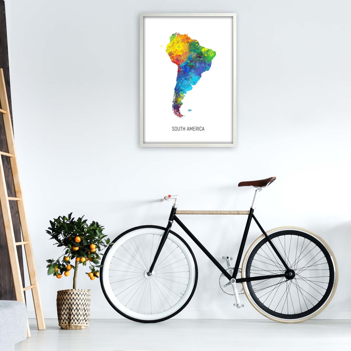 South America Watercolour Map Art Print by Michael Tompsett A1 Oak Frame