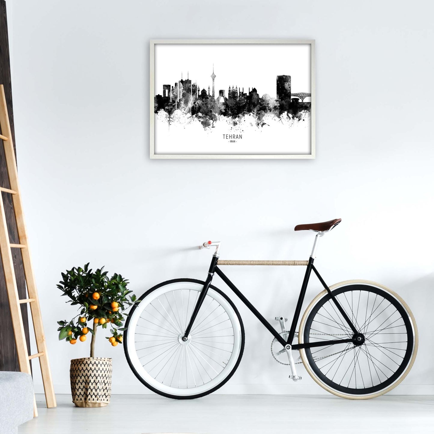 Tehran Iran Skyline Black White City Name by Michael Tompsett A1 Oak Frame