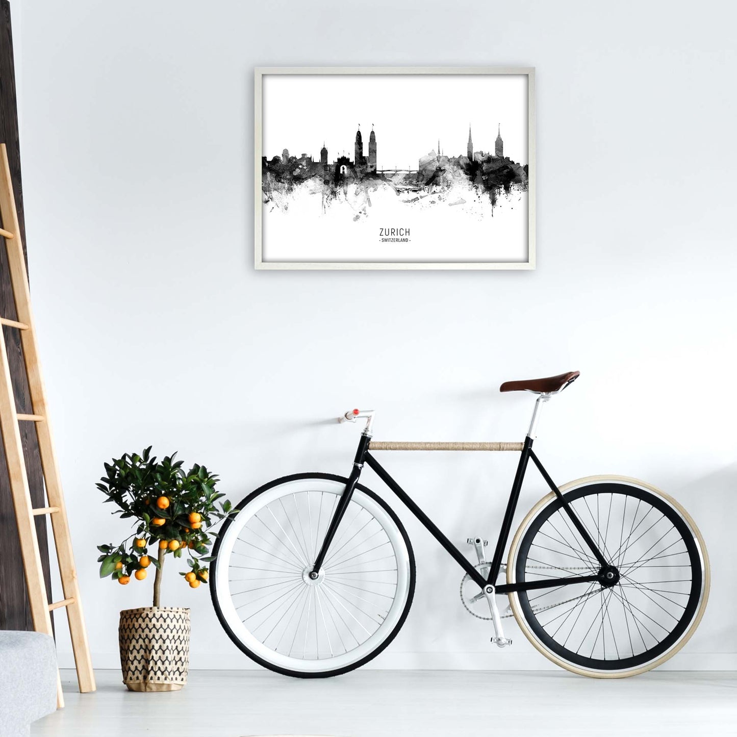 Zurich Switzerland Skyline Black White City Name by Michael Tompsett A1 Oak Frame