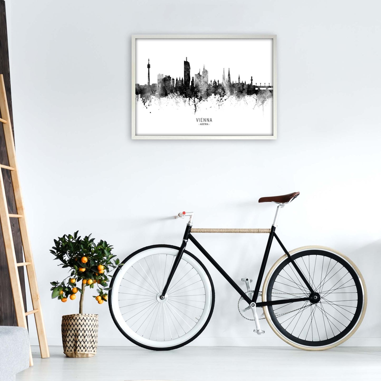 Vienna Austria Skyline Black White City Name  by Michael Tompsett A1 Oak Frame