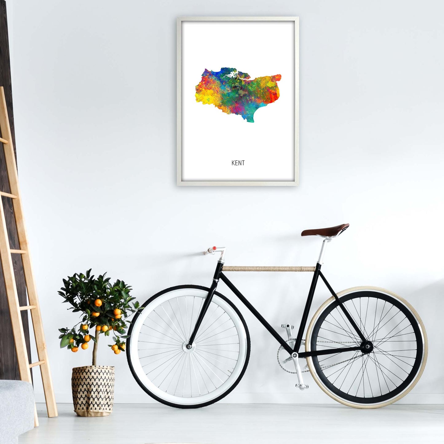 Kent Watercolour Map Art Print by Michael Tompsett A1 Oak Frame