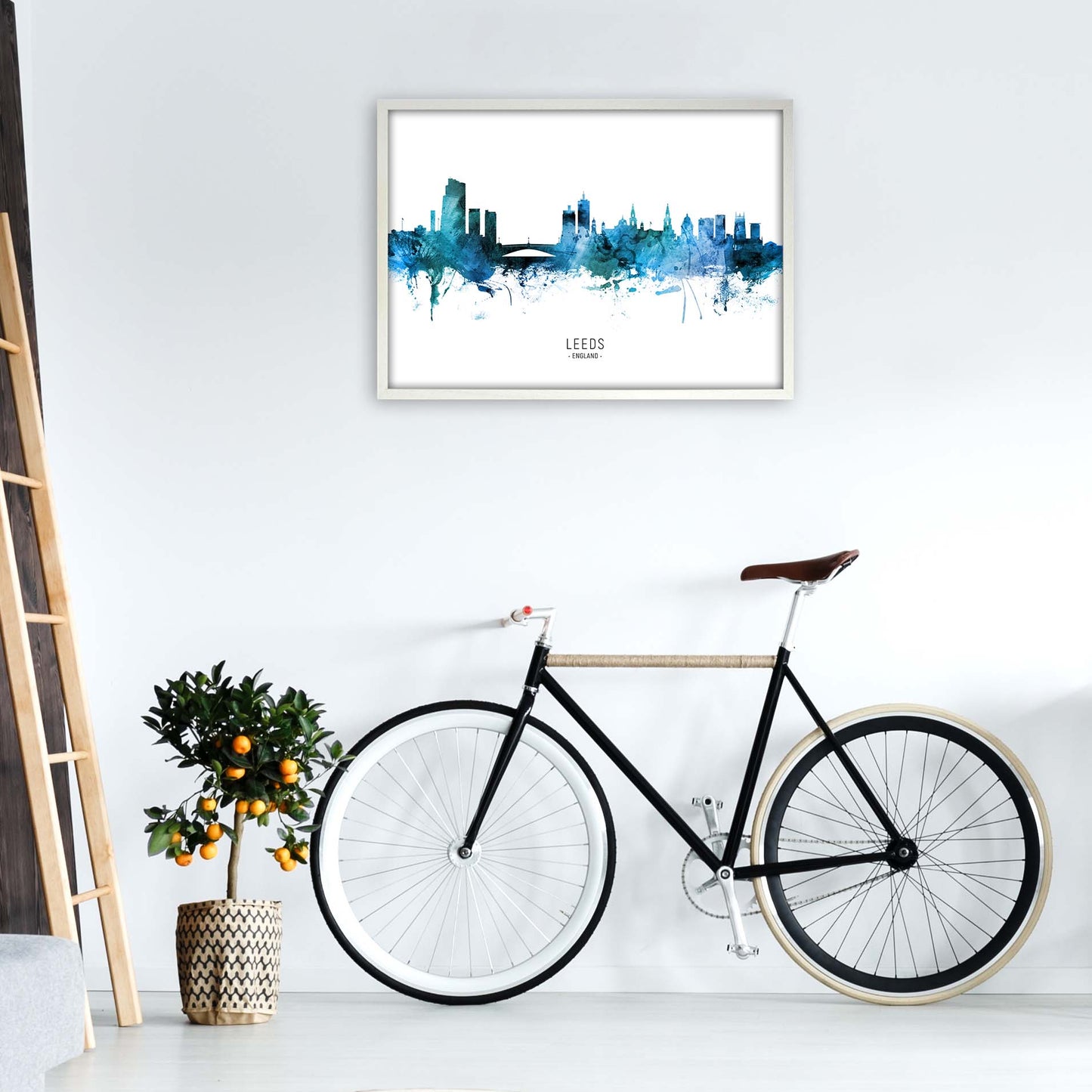 Leeds England Skyline Blue City Name  by Michael Tompsett A1 Oak Frame