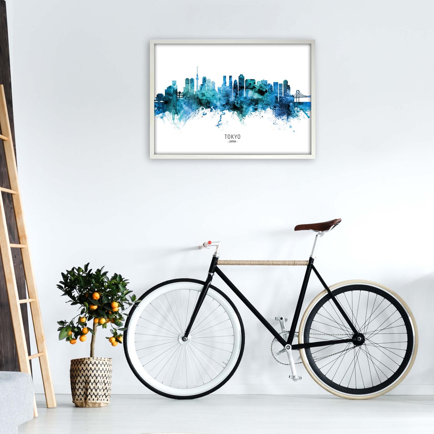 Tokyo Japan Skyline Blue City Name Print by Michael Tompsett A1 Oak Frame