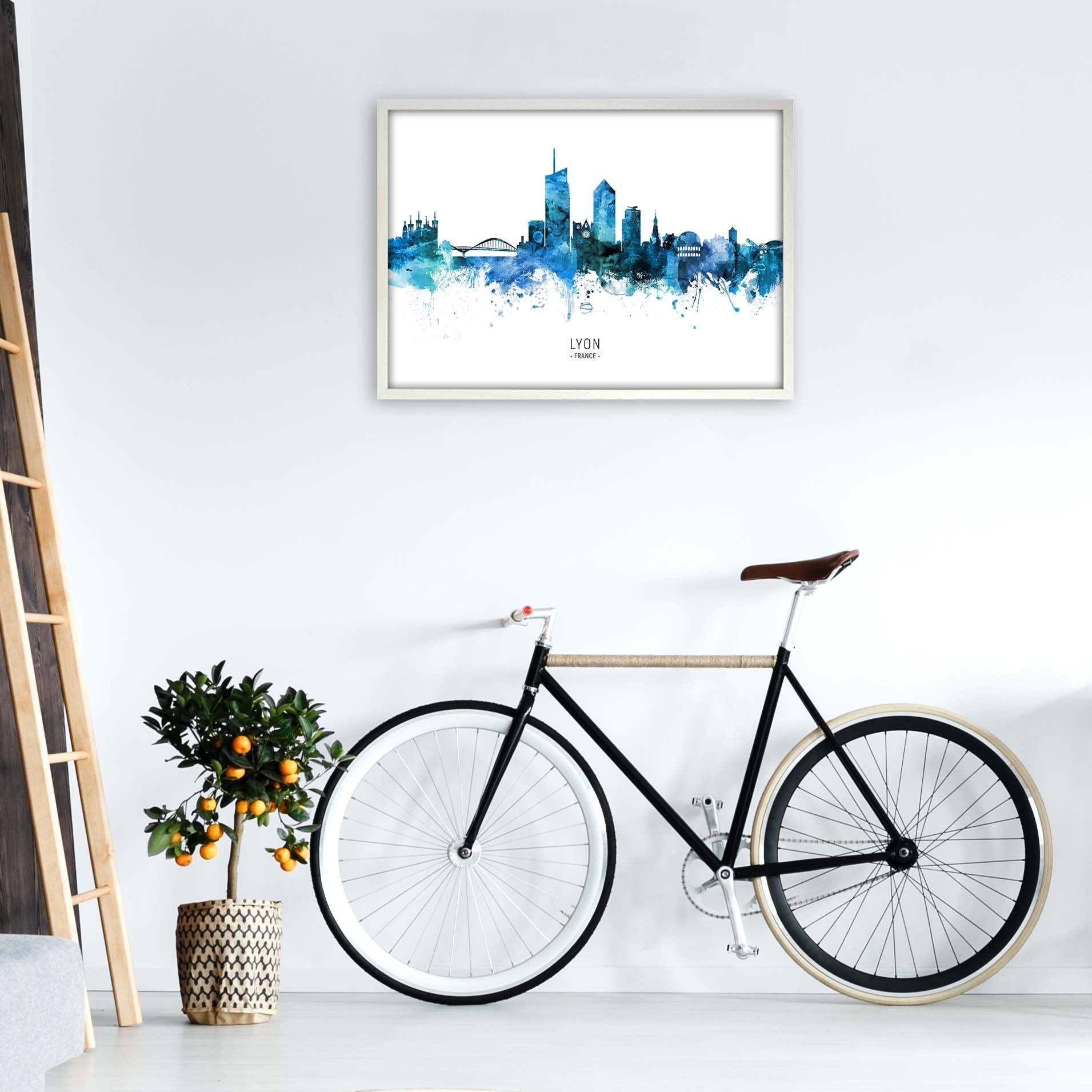 Lyon France Skyline Blue City Name Print by Michael Tompsett A1 Oak Frame