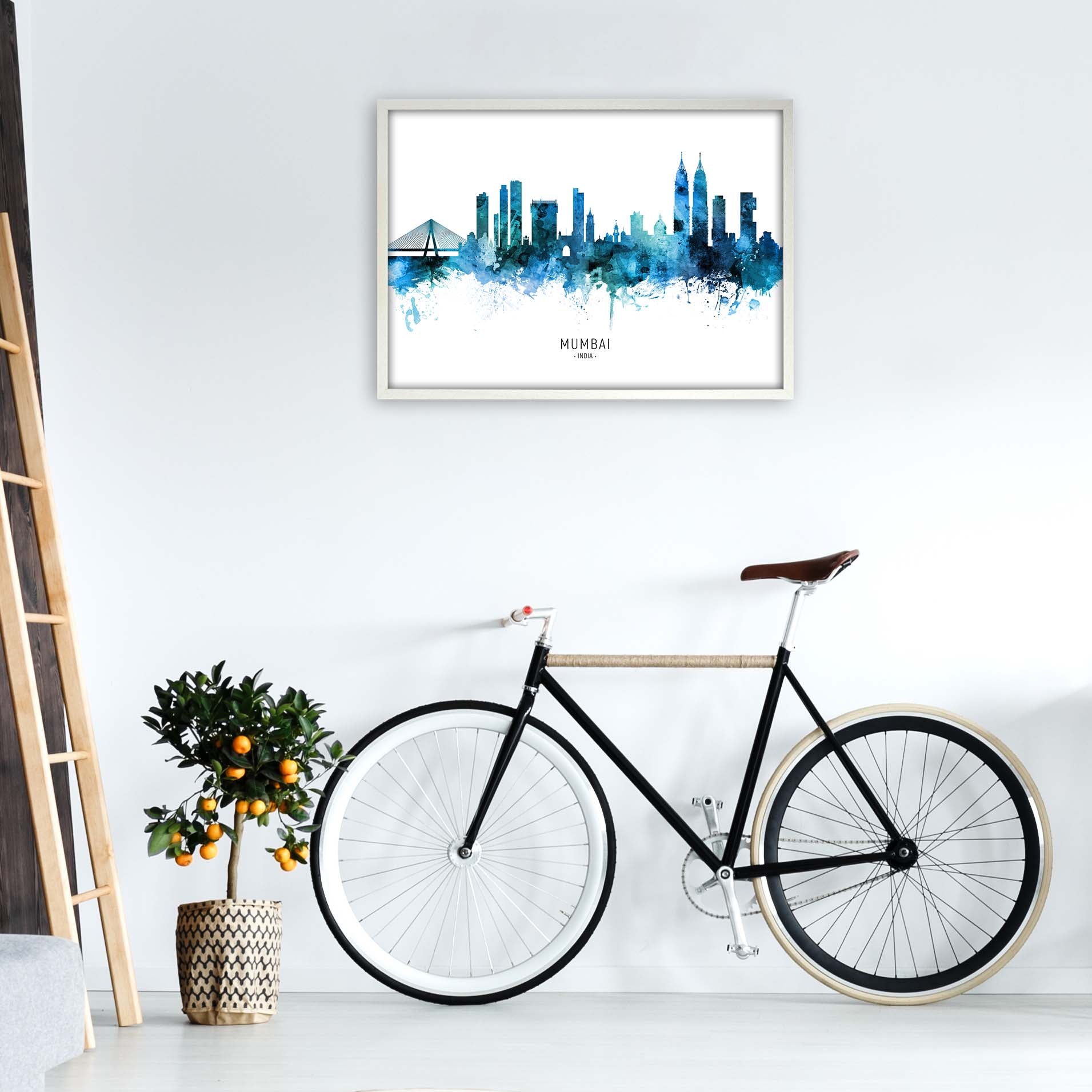 Mumbai India Skyline Blue City Name Print by Michael Tompsett A1 Oak Frame