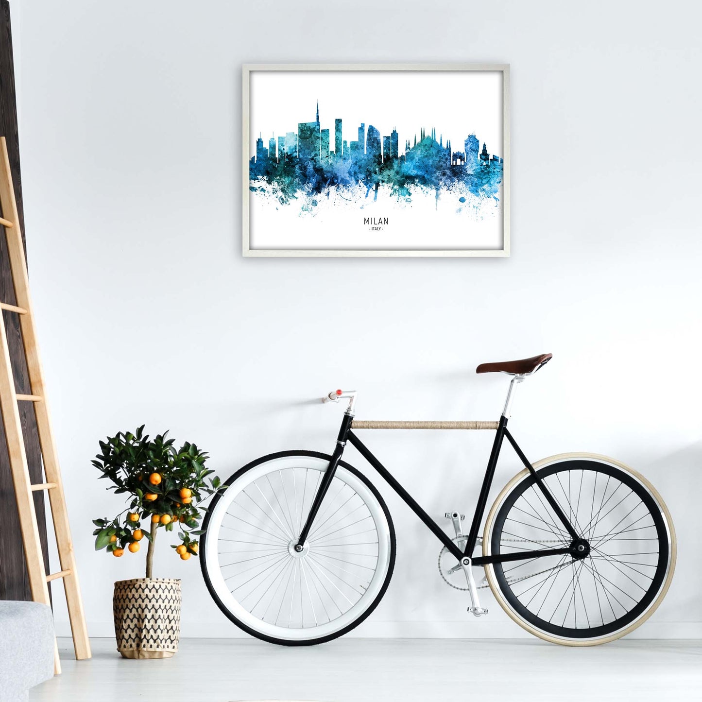 Milan Italy Skyline Blue City Name Print by Michael Tompsett A1 Oak Frame