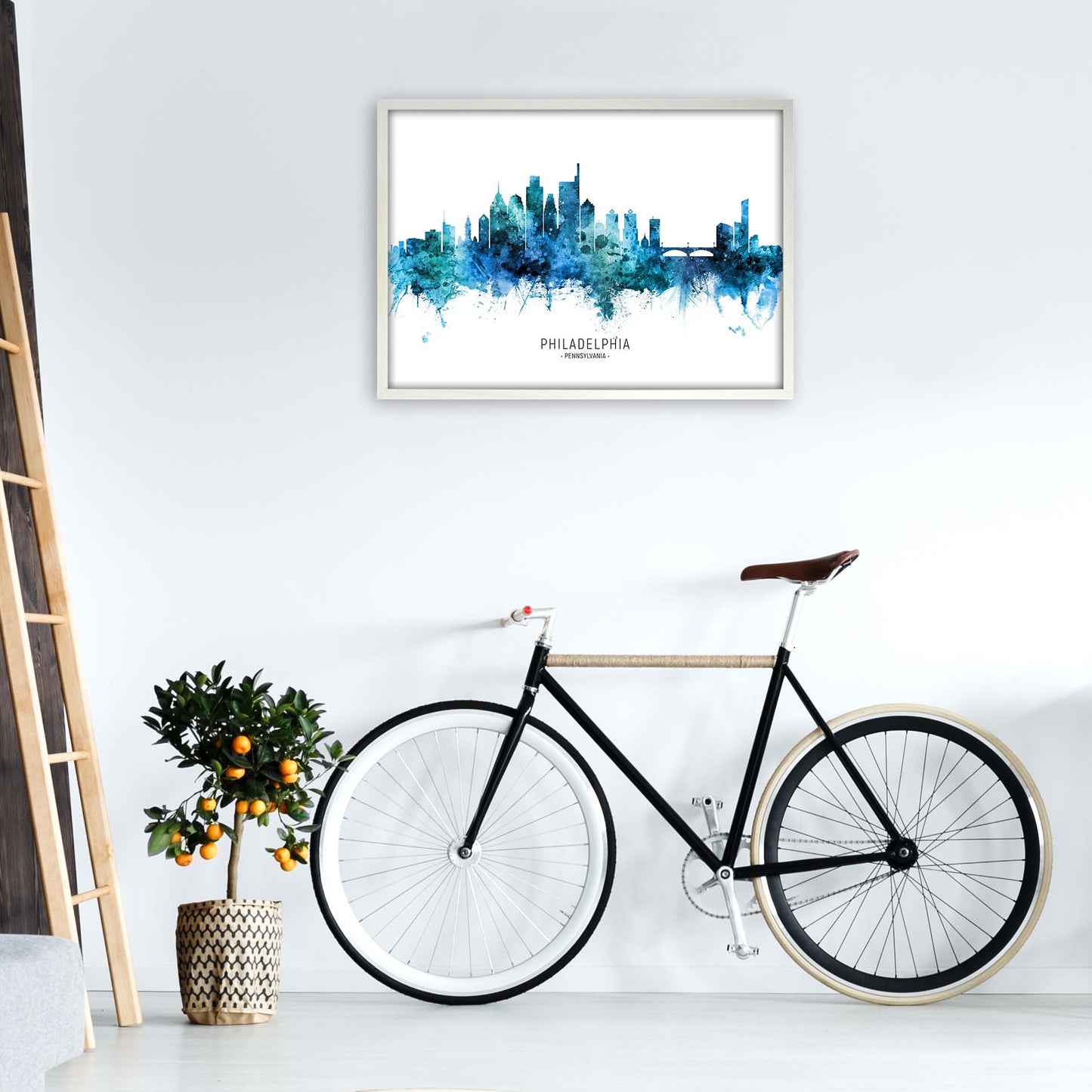 Philadelphia Pennsylvania Skyline Blue City Name by Michael Tompsett A1 Oak Frame