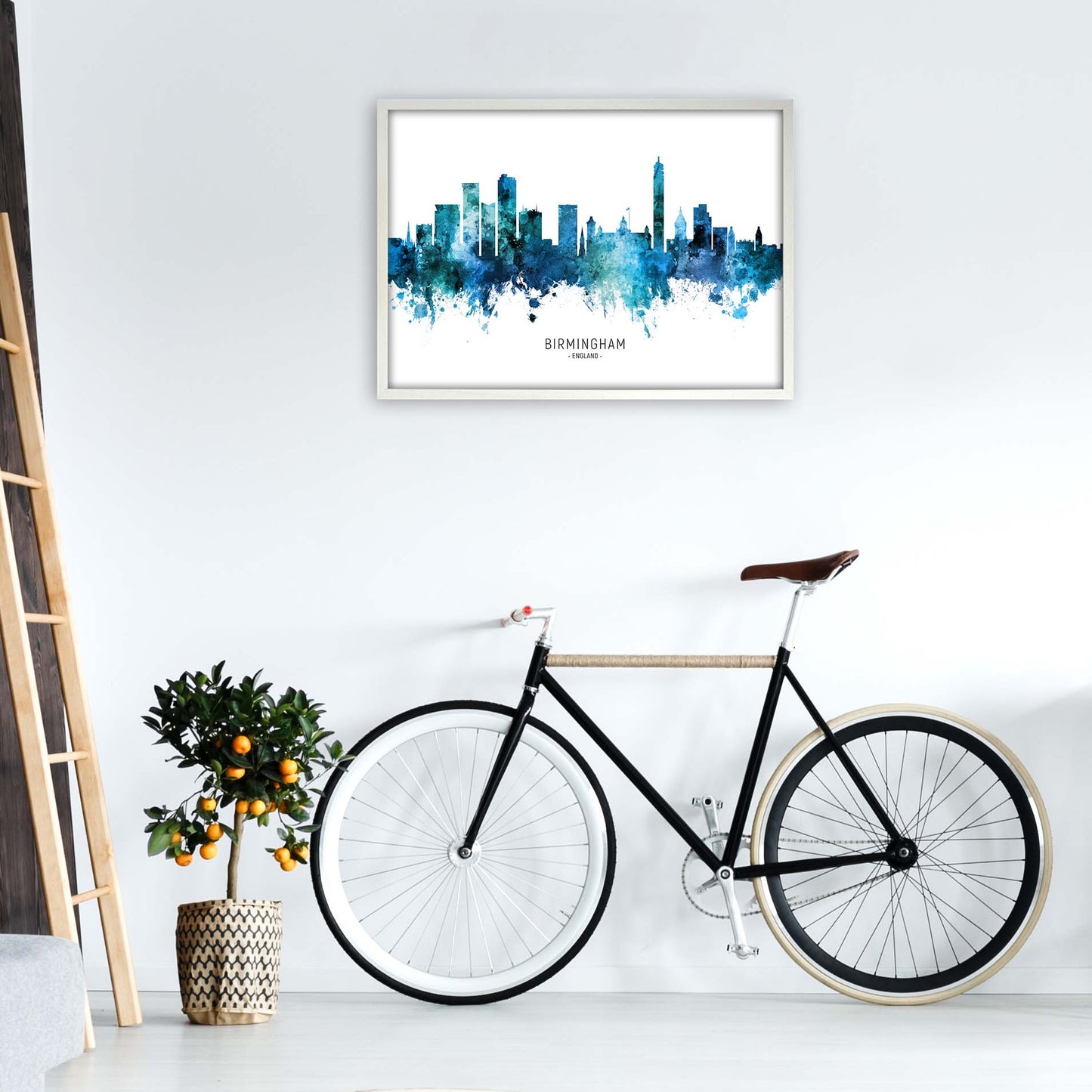 Birmingham England Skyline Blue City Name by Michael Tompsett A1 Oak Frame