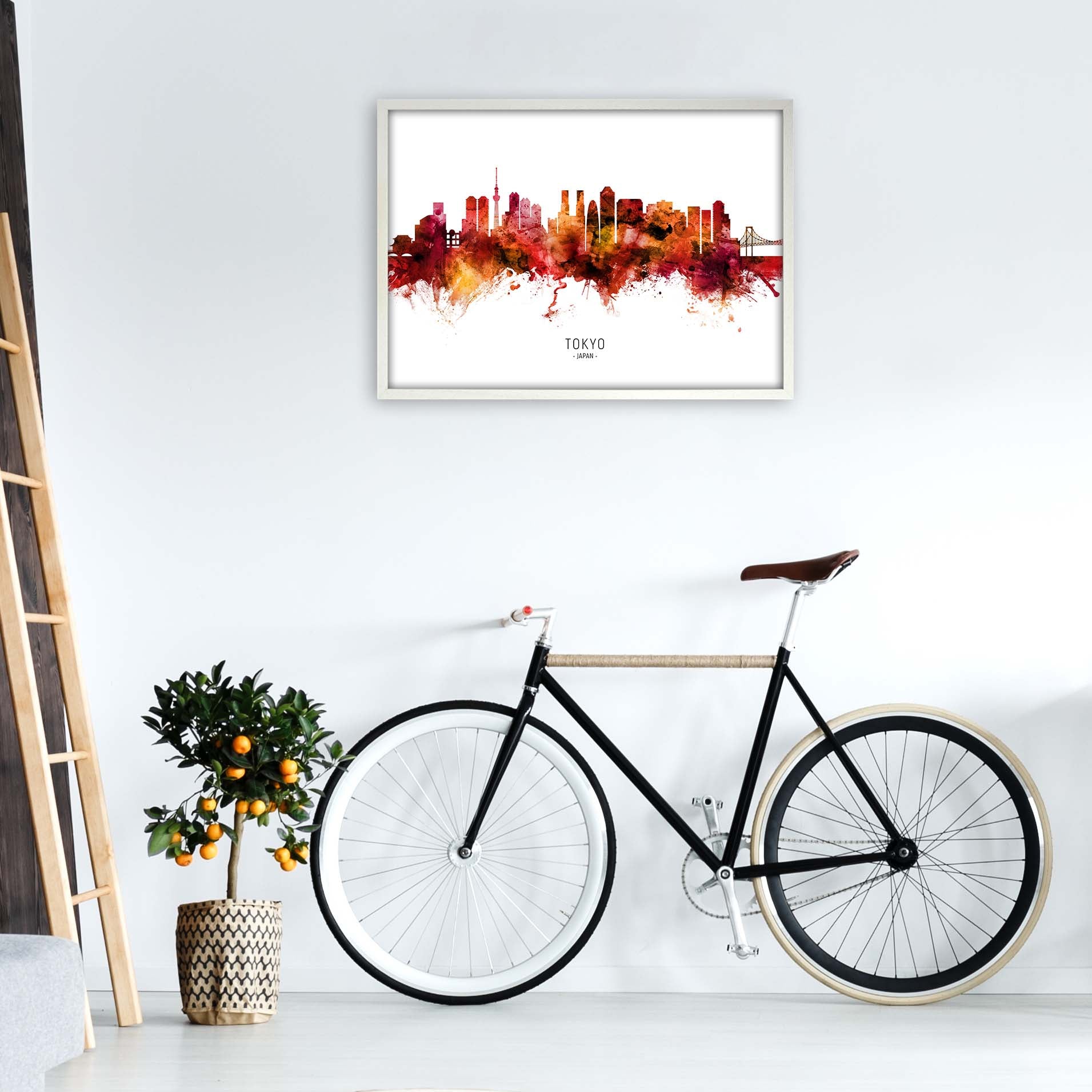 Tokyo Japan Skyline Red City Name Print by Michael Tompsett A1 Oak Frame