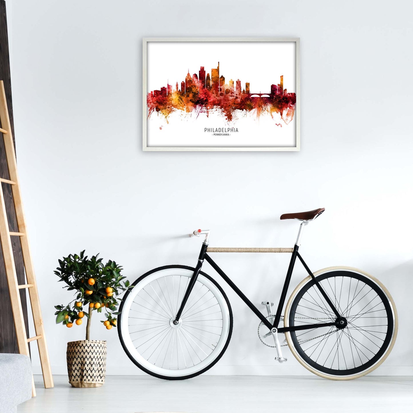 Philadelphia Pennsylvania Skyline Red City Name by Michael Tompsett A1 Oak Frame