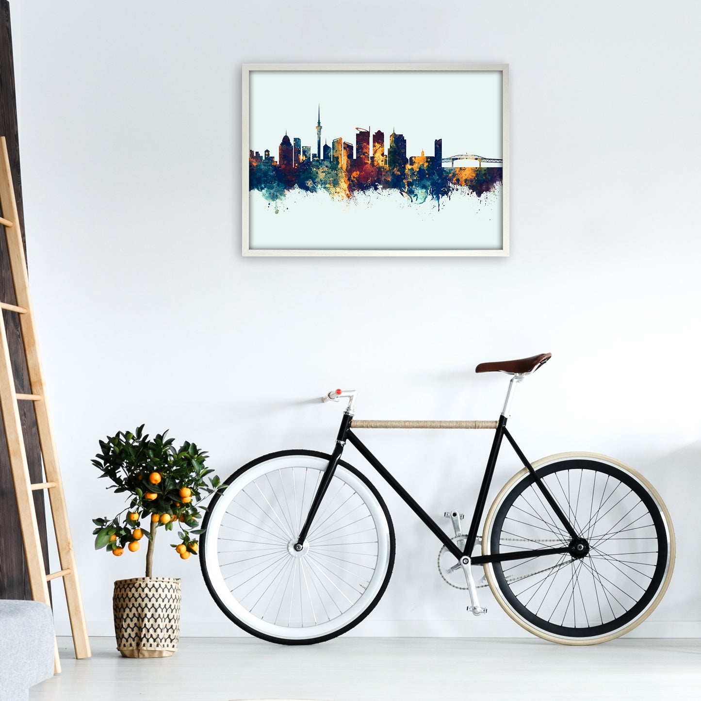 Auckland New Zealand Skyline Blue Orange Art Print by Michael Tompsett A1 Oak Frame