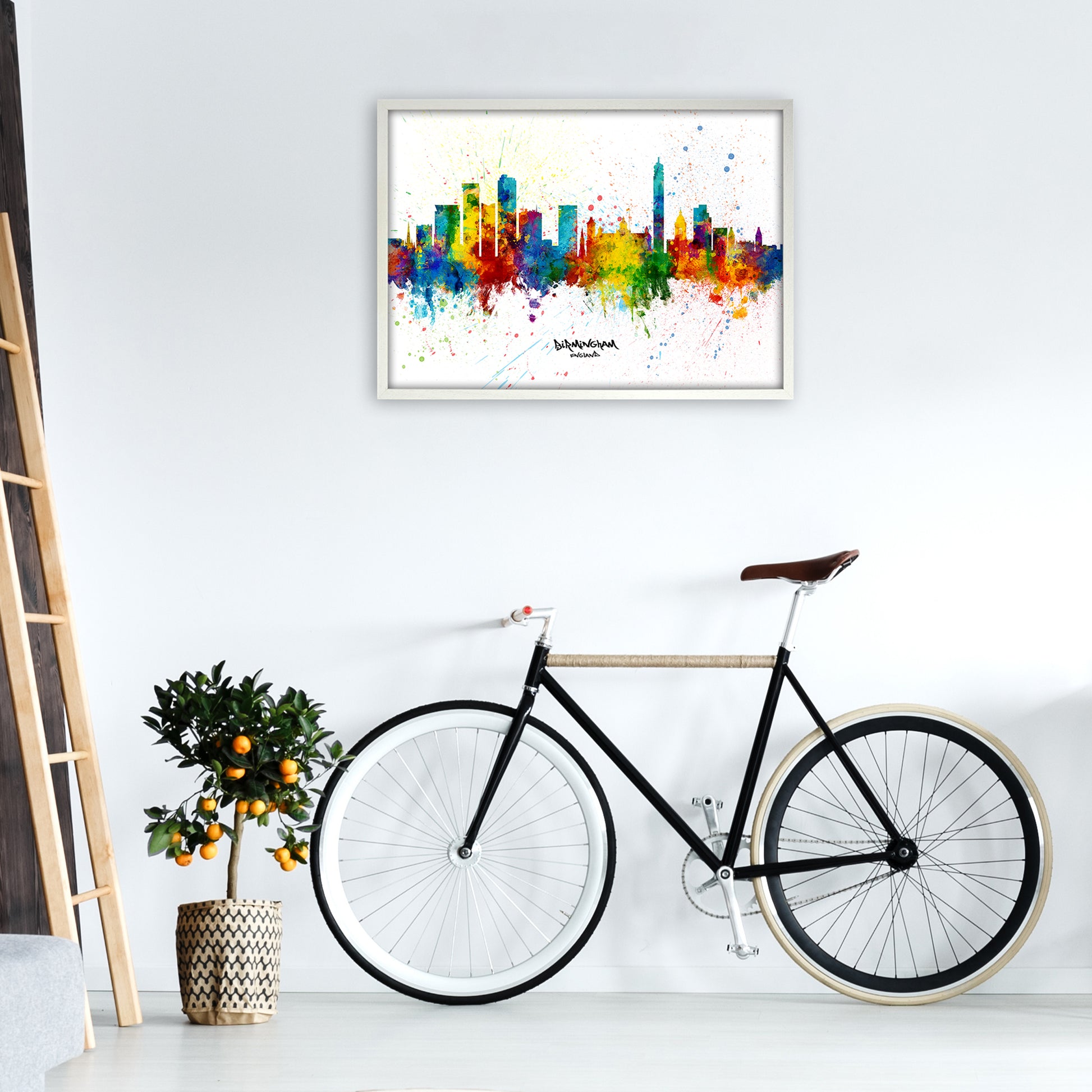 Birmingham England Skyline Splash Art Print by Michael Tompsett A1 Oak Frame