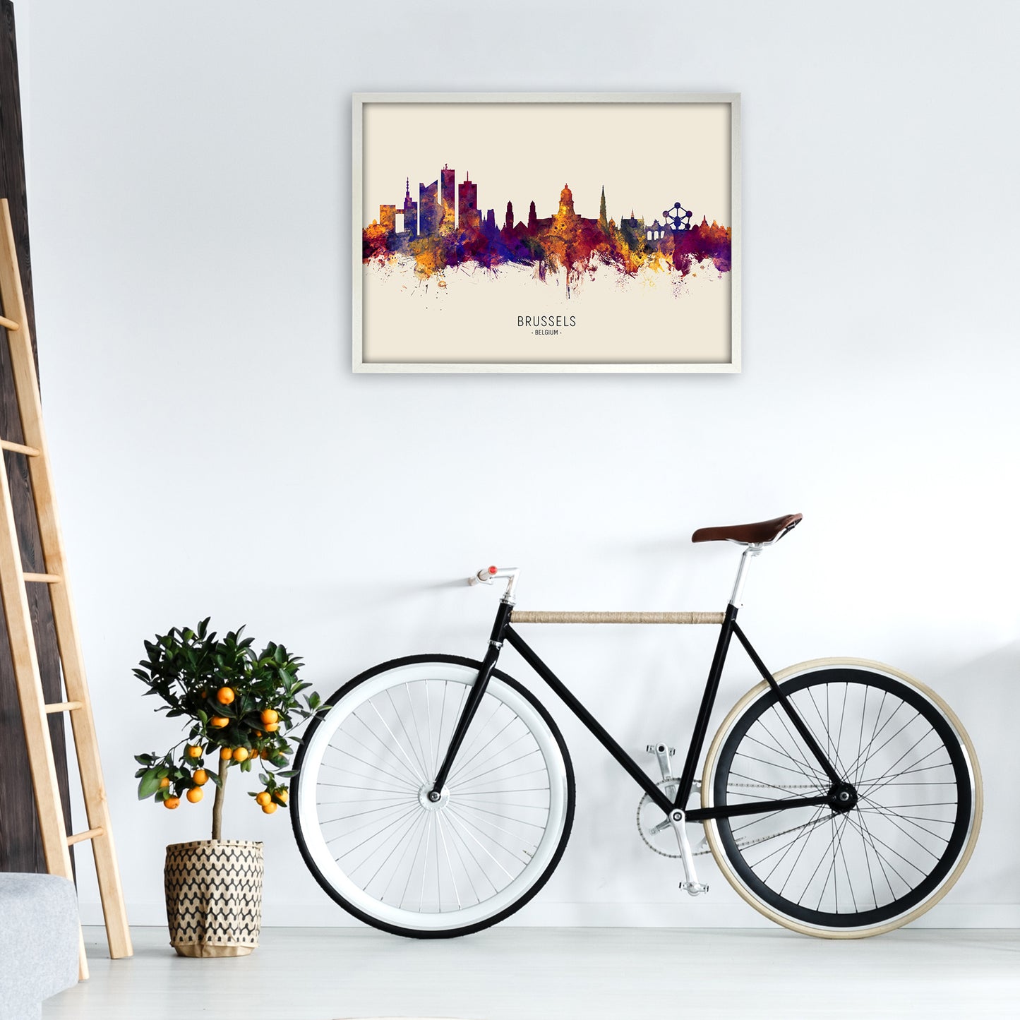 Brussels Belgium Skyline Autumn City Name Art Print by Michael Tompsett A1 Oak Frame