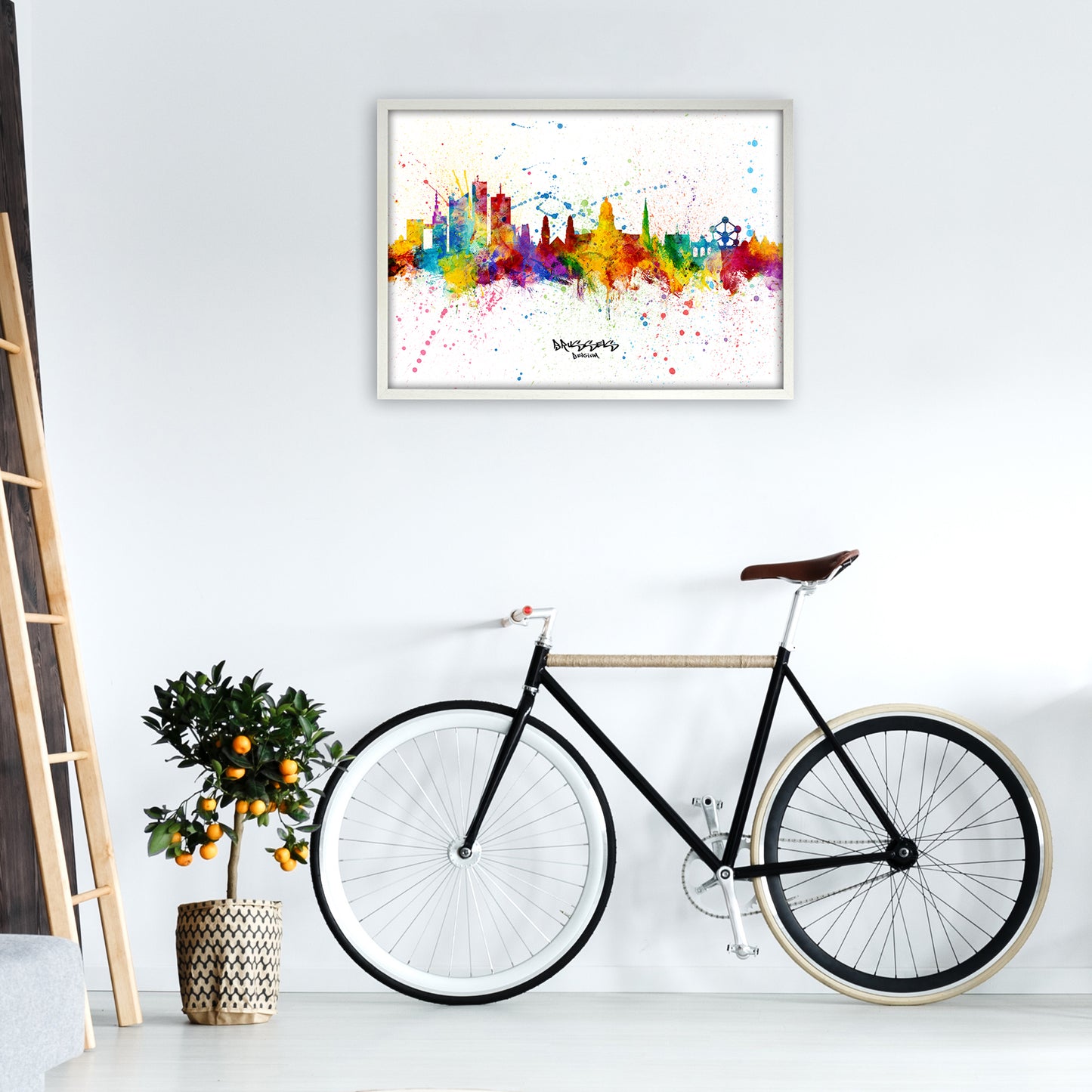 Brussels Belgium Skyline Splash Art Print by Michael Tompsett A1 Oak Frame