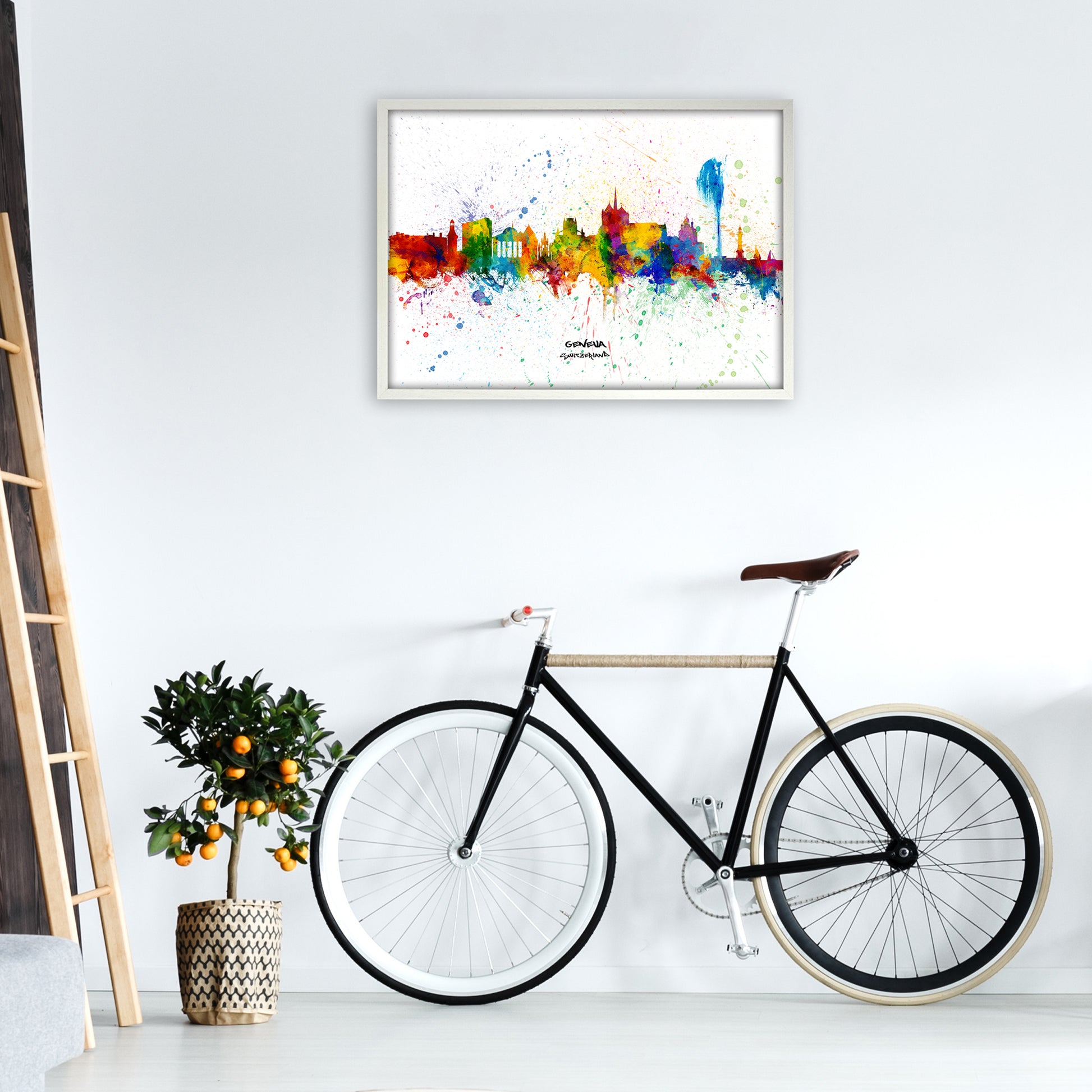Geneva Switzerland Skyline Splash Art Print by Michael Tompsett A1 Oak Frame