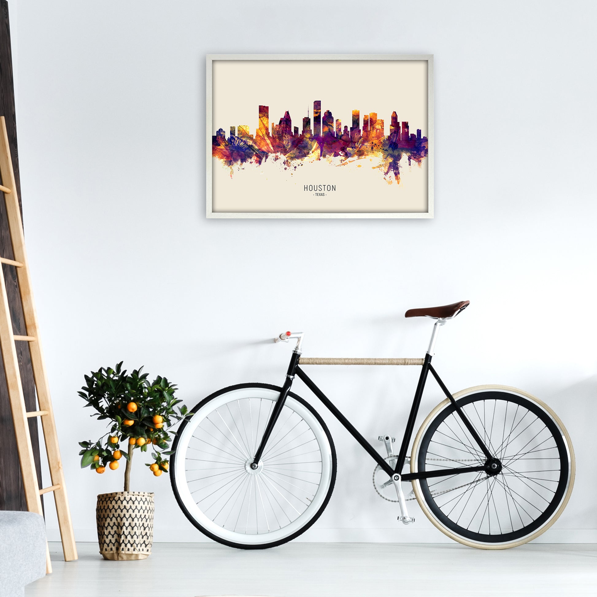 Houston Texas Skyline Autumn City Name Art Print by Michael Tompsett A1 Oak Frame