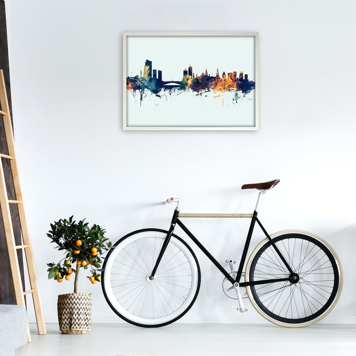 Leeds England Skyline Blue Orange Art Print by Michael Tompsett A1 Oak Frame