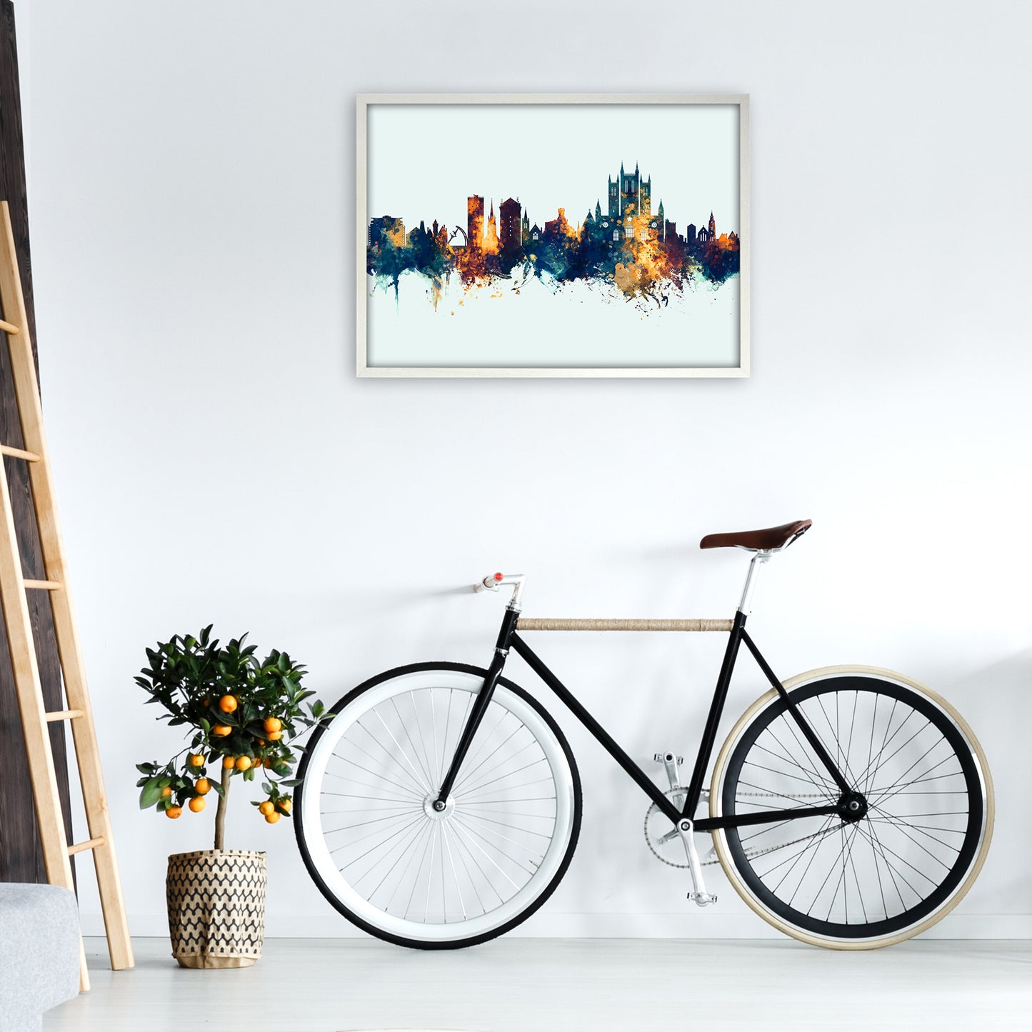 Lincoln England Skyline Blue Orange Art Print by Michael Tompsett A1 Oak Frame