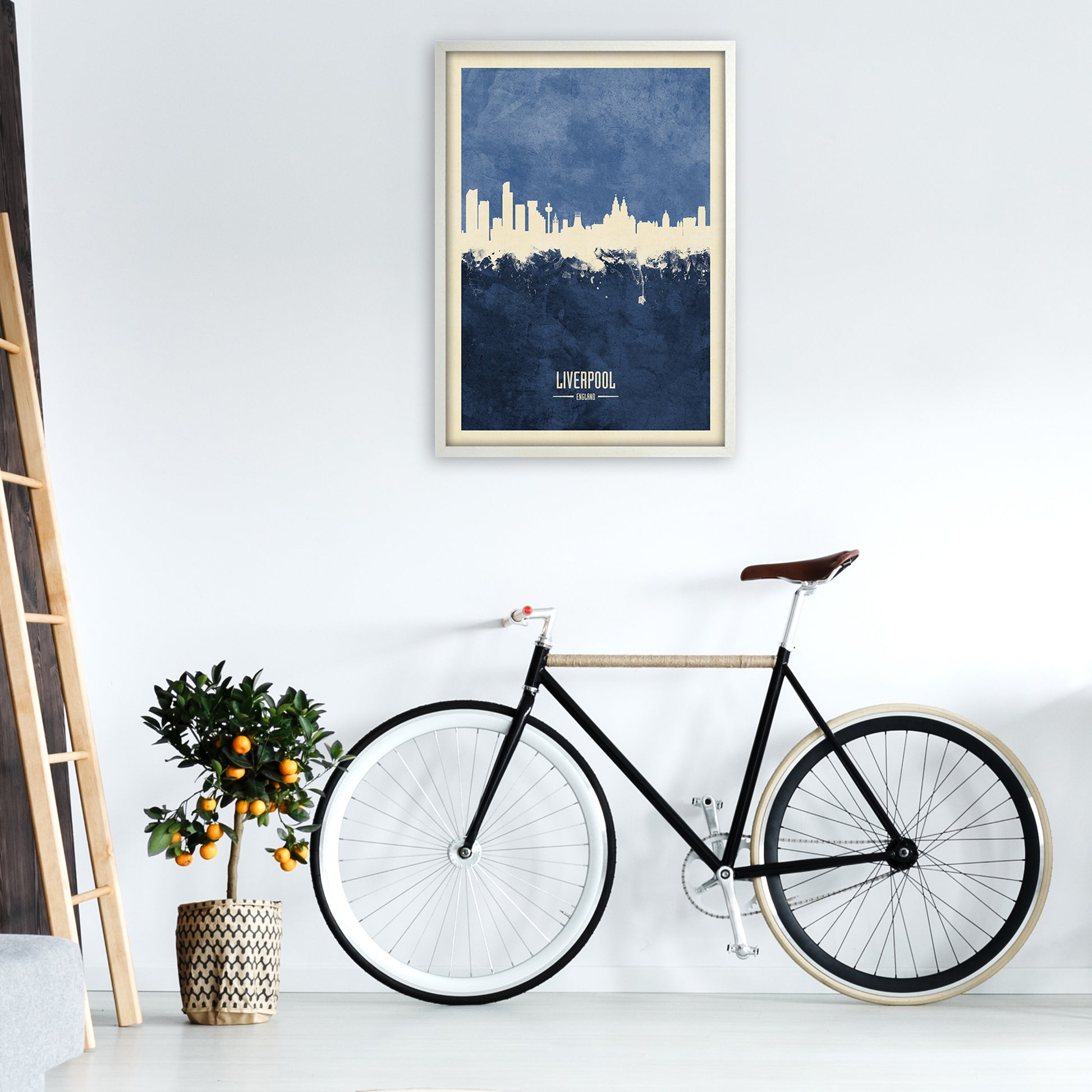 Liverpool England Skyline Portrait Navy Art Print by Michael Tompsett A1 Oak Frame