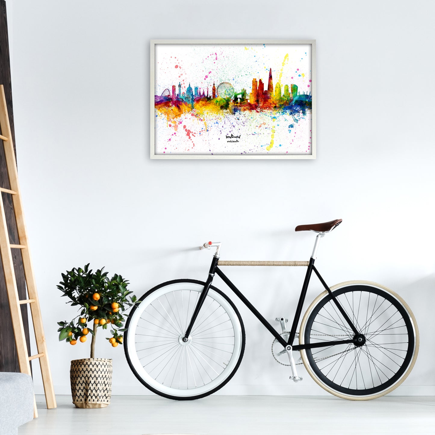 London England Skyline Splash Art Print by Michael Tompsett A1 Oak Frame