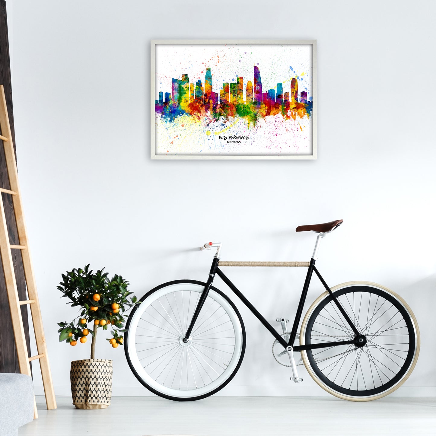 Los Angeles California Skyline Splash Art Print by Michael Tompsett A1 Oak Frame
