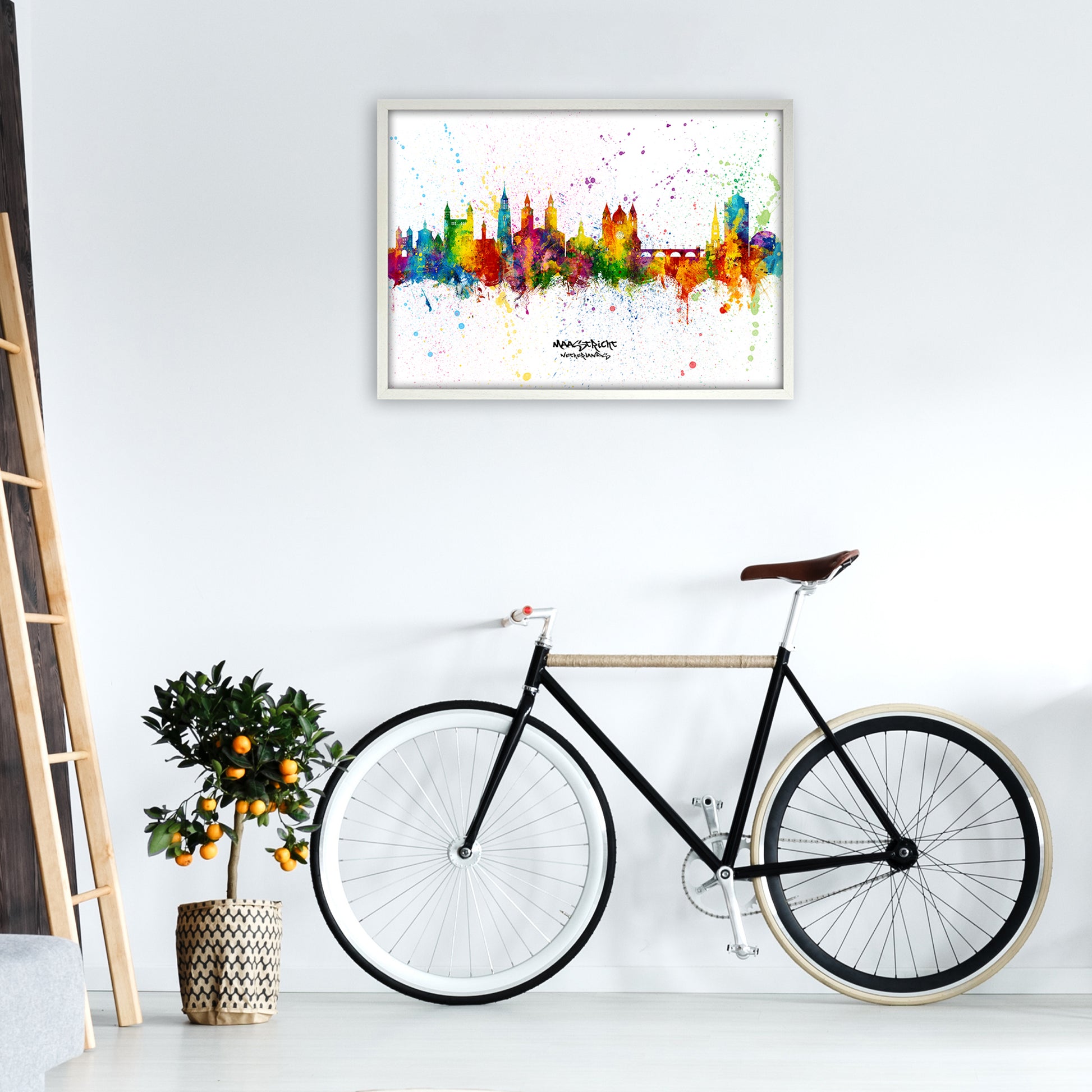 Maastricht Netherlands Skyline Splash Art Print by Michael Tompsett A1 Oak Frame