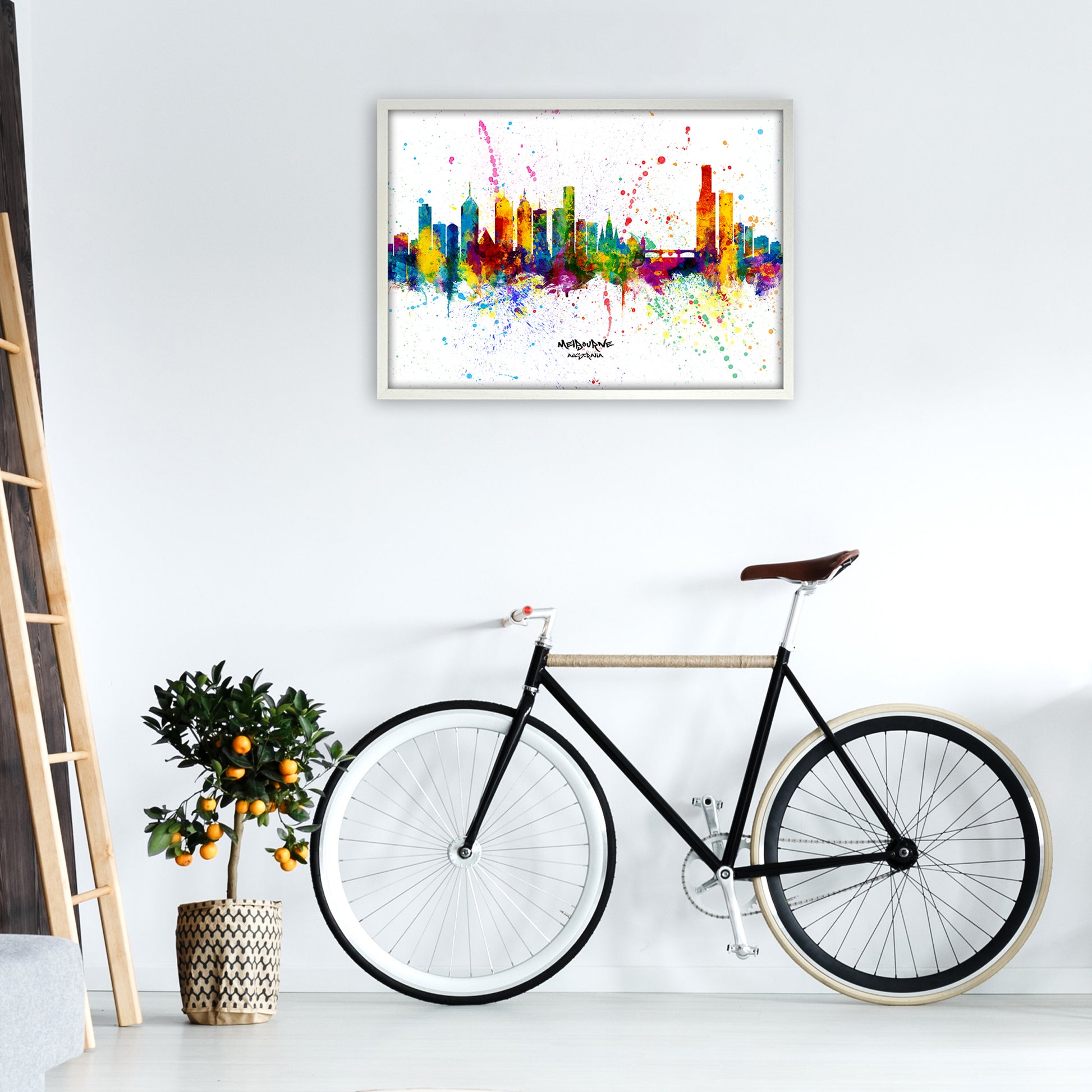 Melbourne Australia Skyline Splash Art Print by Michael Tompsett A1 Oak Frame