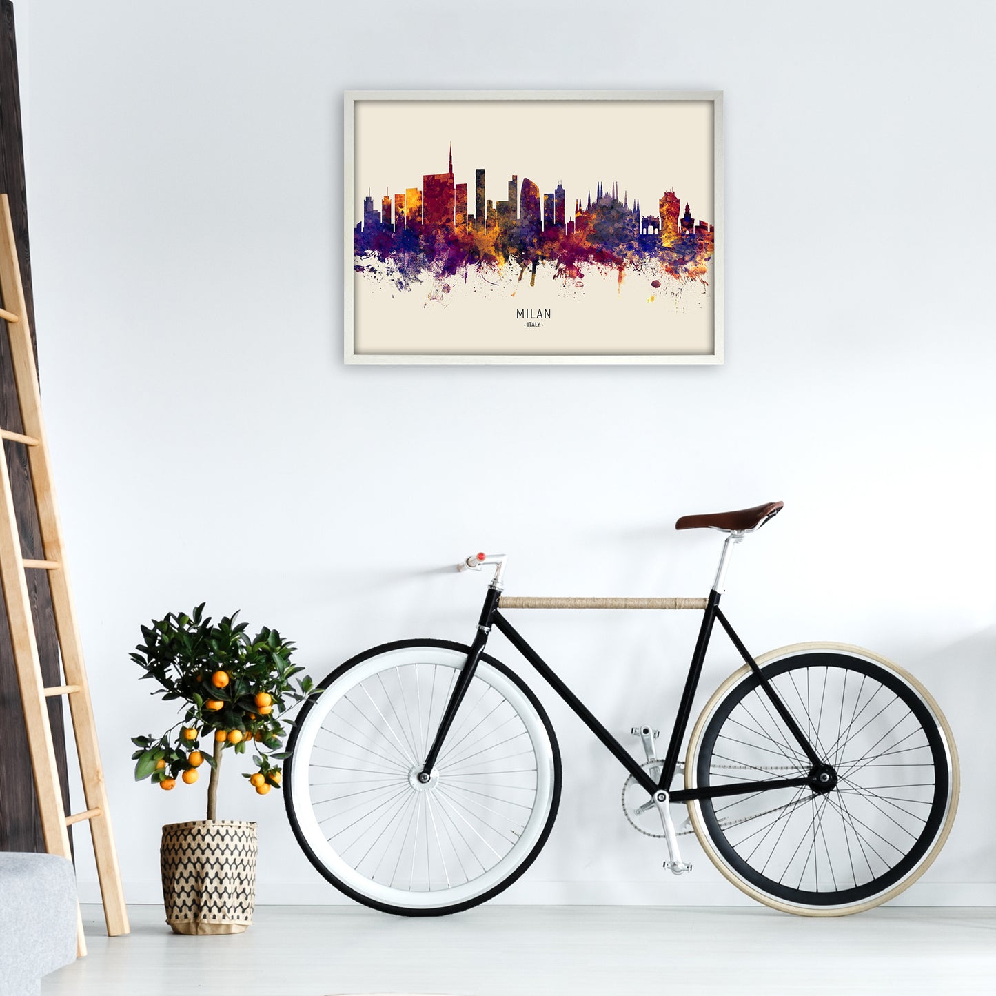 Milan Italy Skyline Autumn City Name Art Print by Michael Tompsett A1 Oak Frame