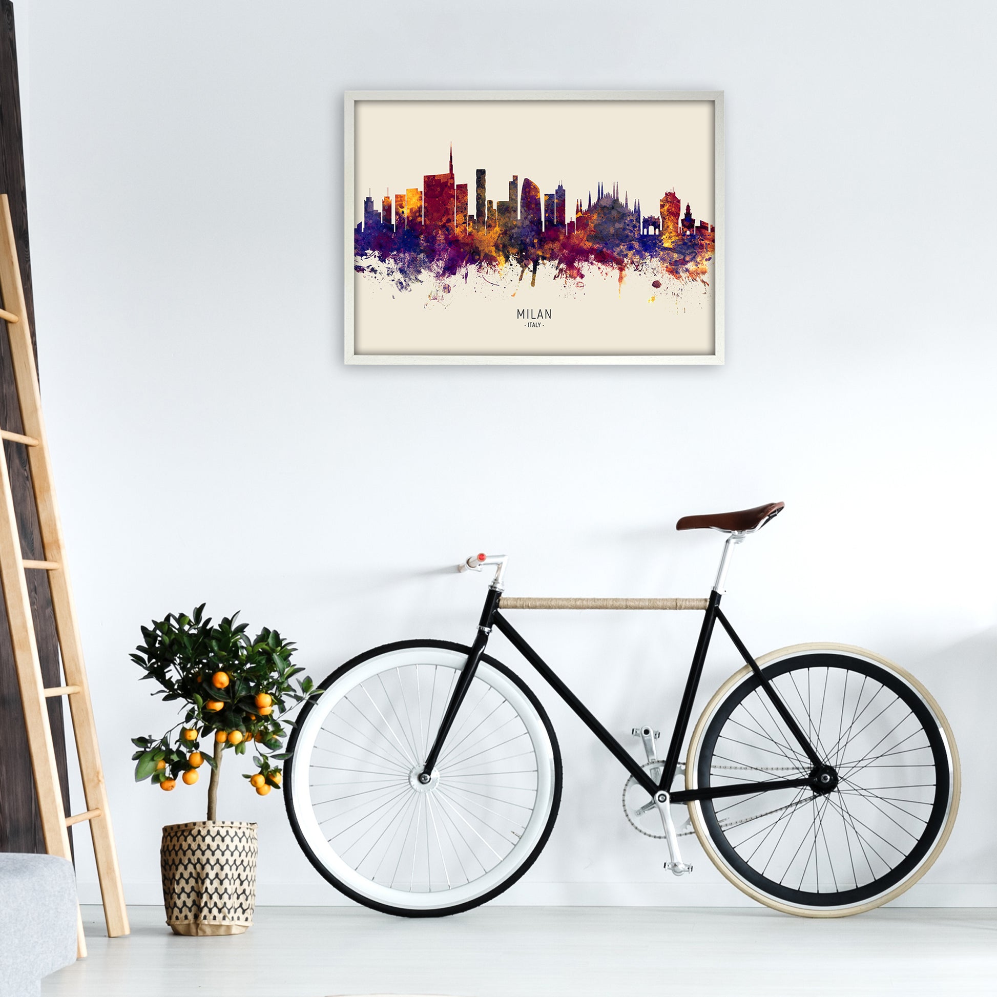 Milan Italy Skyline Autumn City Name Art Print by Michael Tompsett A1 Oak Frame