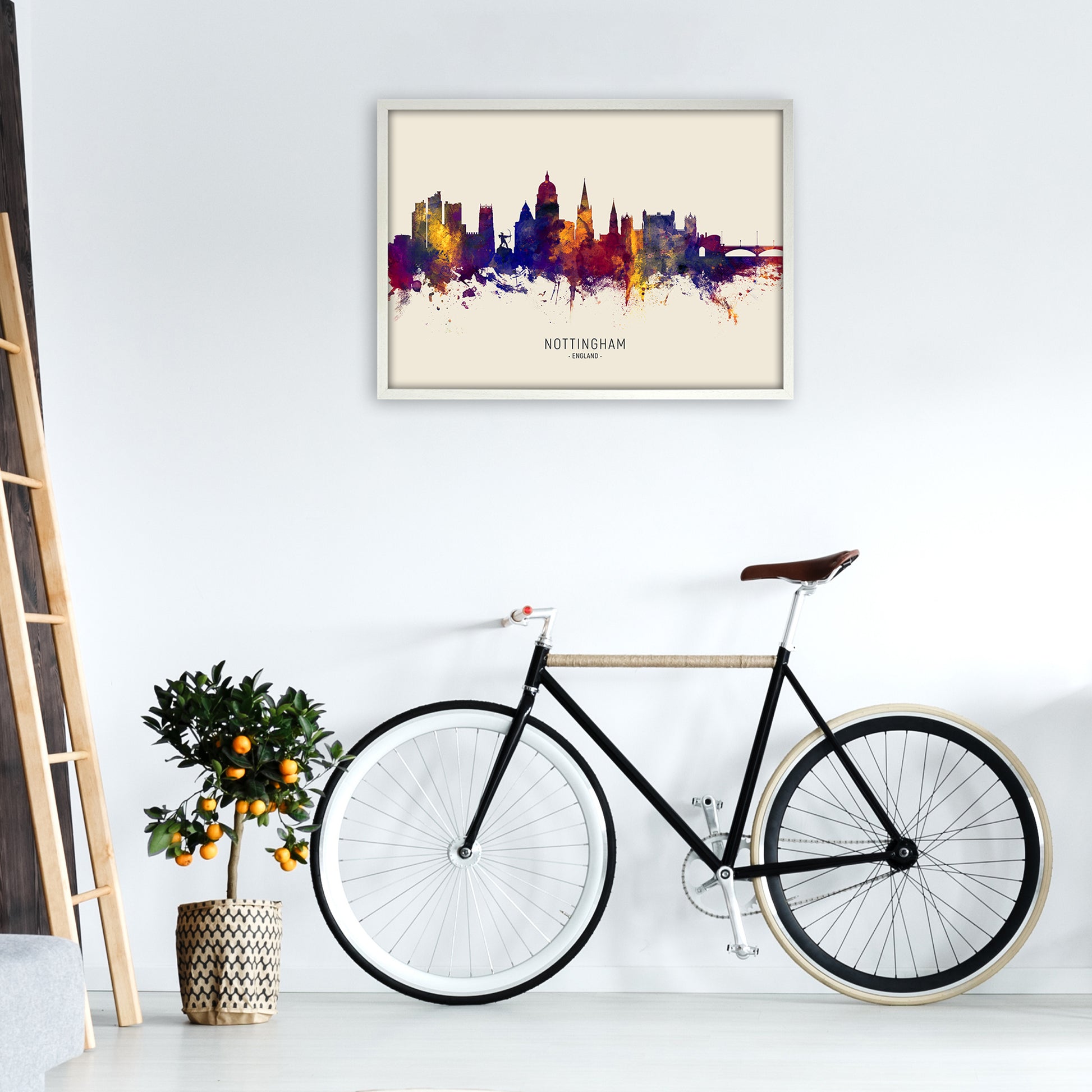 Nottingham England Skyline Autumn City Name Art Print by Michael Tompsett A1 Oak Frame