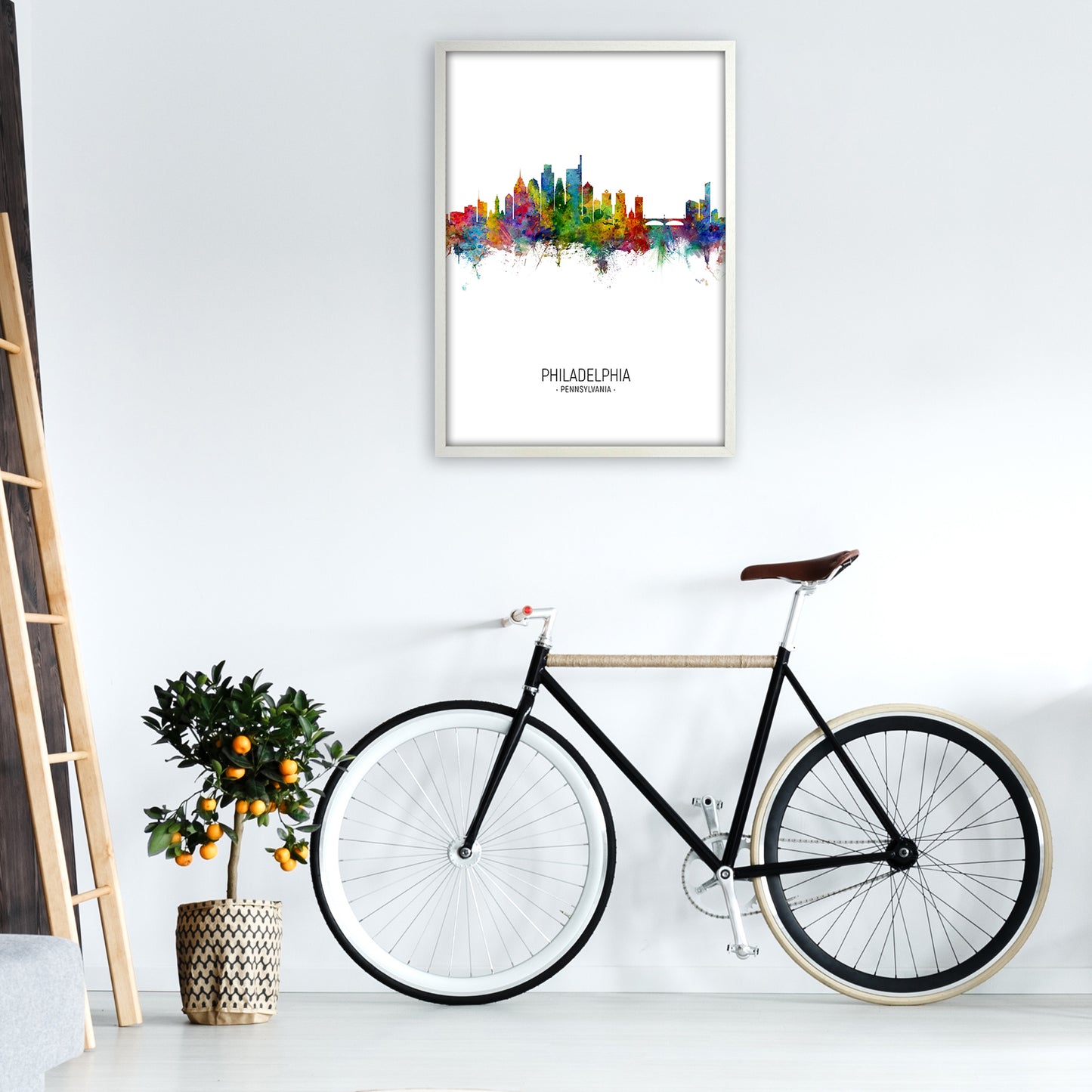 Philadelphia Pennsylvania Skyline Portrait Art Print by Michael Tompsett A1 Oak Frame