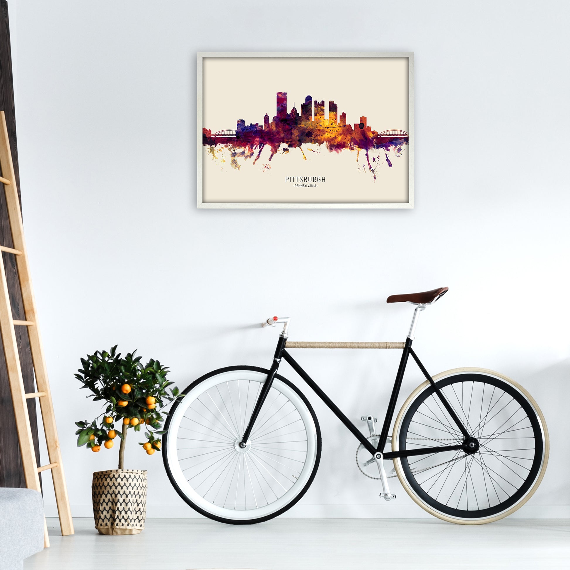 Pittsburgh Pennsylvania Skyline Autumn City Name Art Print by Michael Tompsett A1 Oak Frame