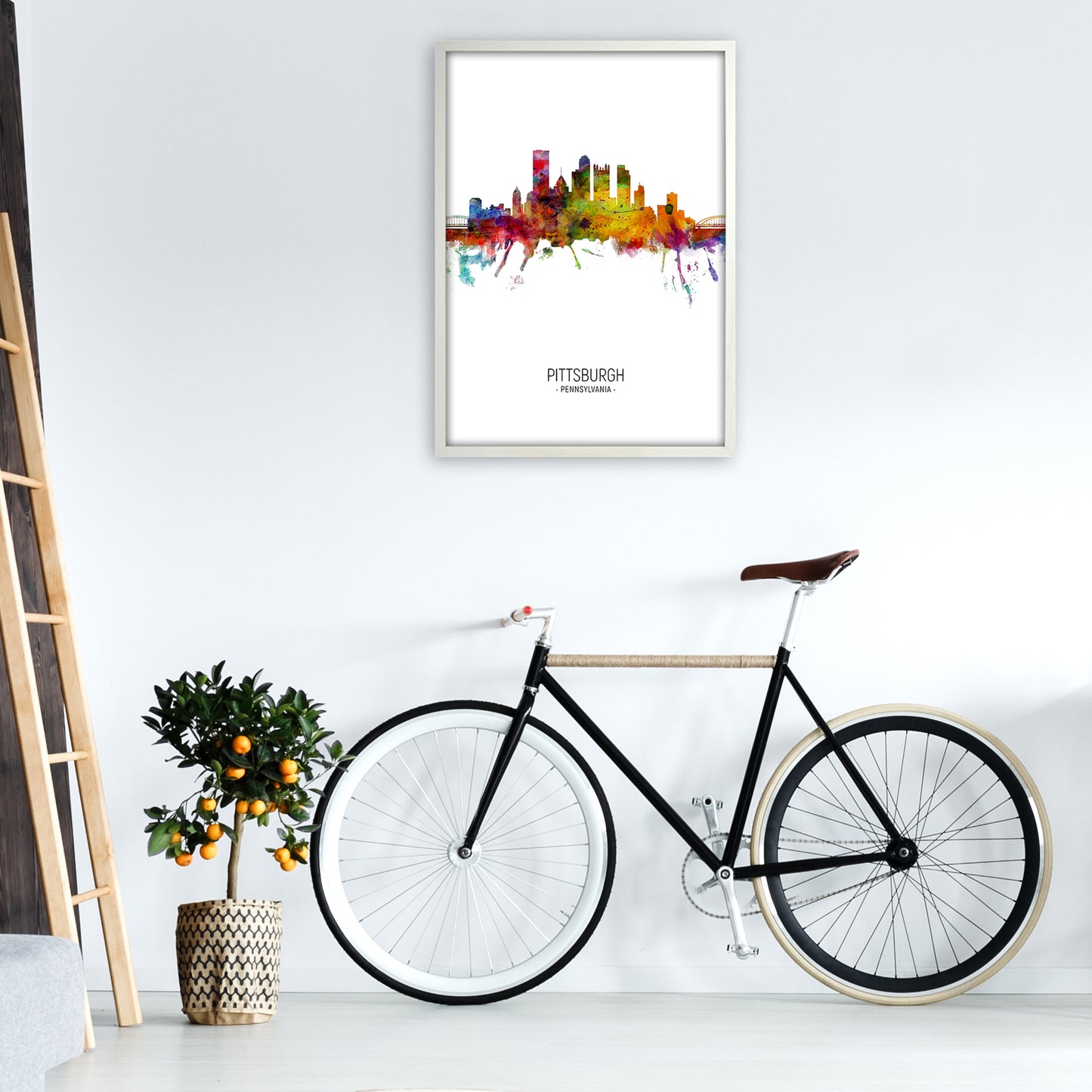 Pittsburgh Pennsylvania Skyline Portrait Art Print by Michael Tompsett A1 Oak Frame