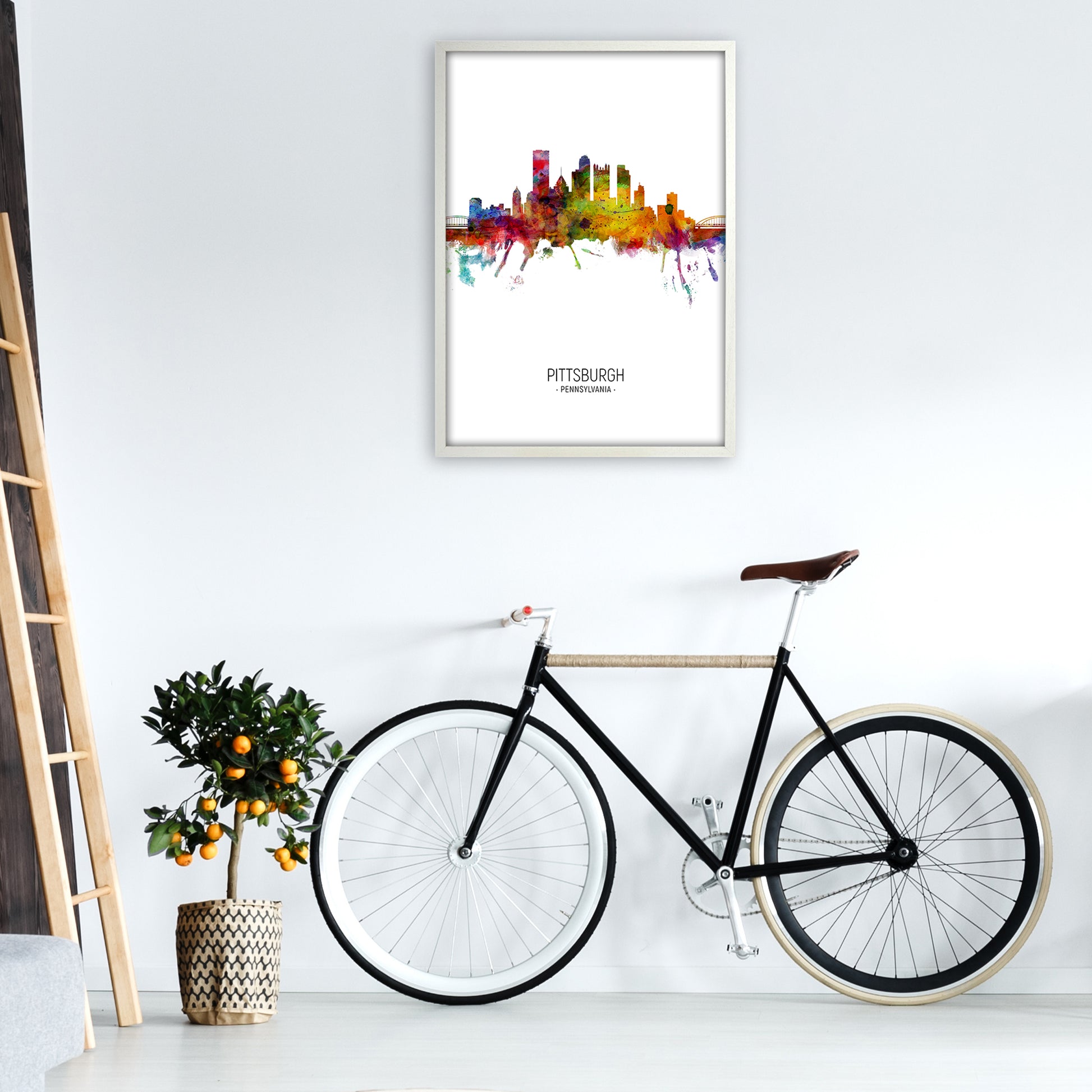 Pittsburgh Pennsylvania Skyline Portrait Art Print by Michael Tompsett A1 Oak Frame
