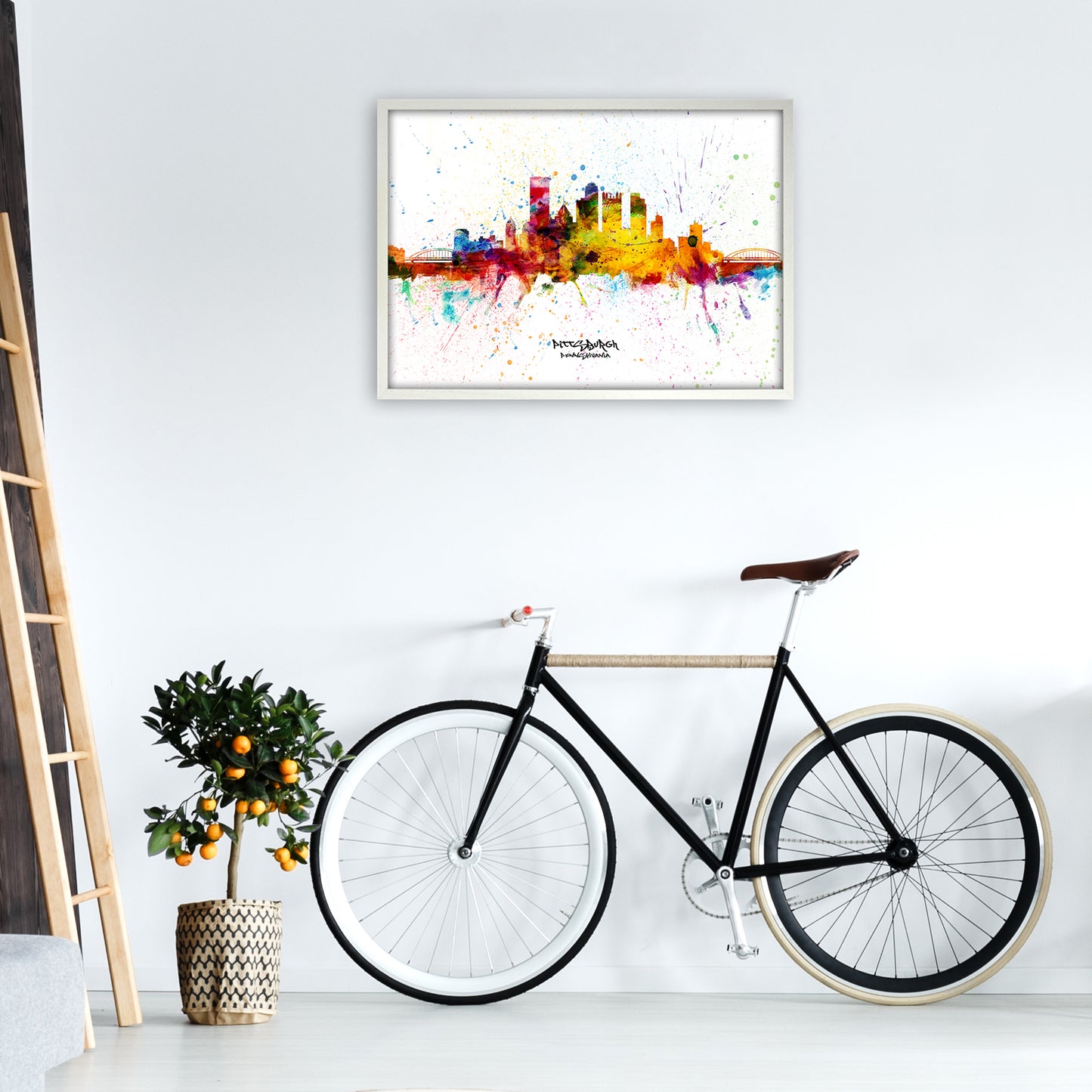Pittsburgh Pennsylvania Skyline Splash Art Print by Michael Tompsett A1 Oak Frame